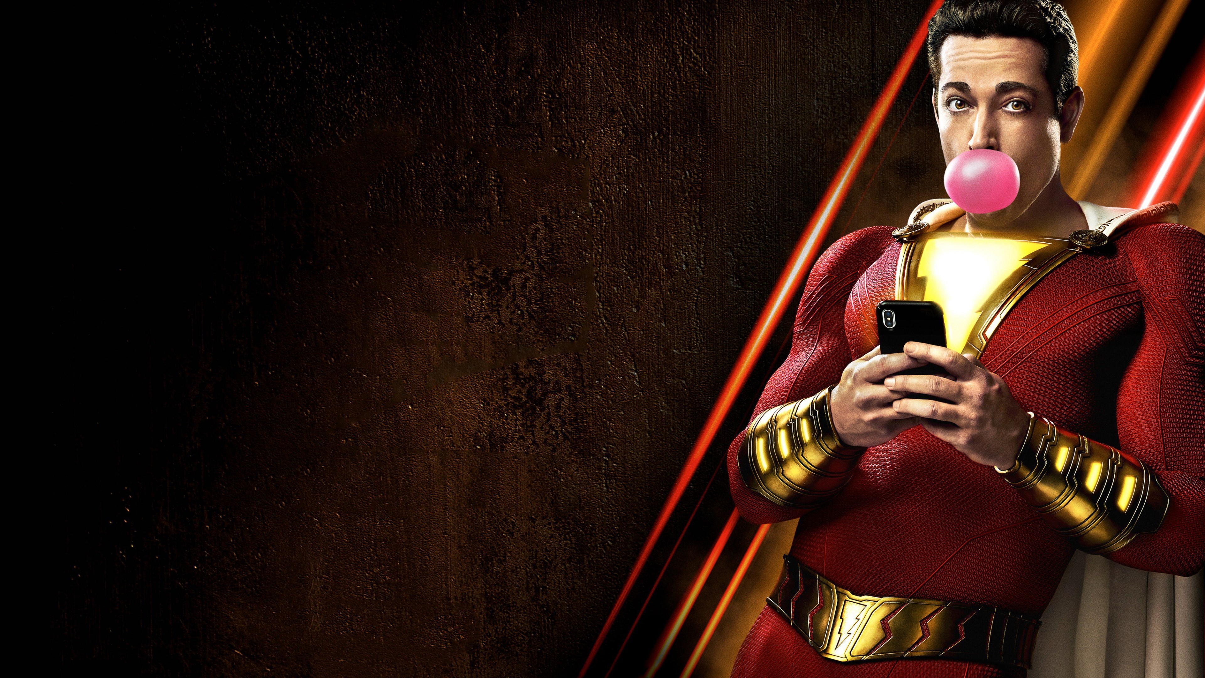 4K Shazam blowing bubblegum and using phone HD Wallpaper