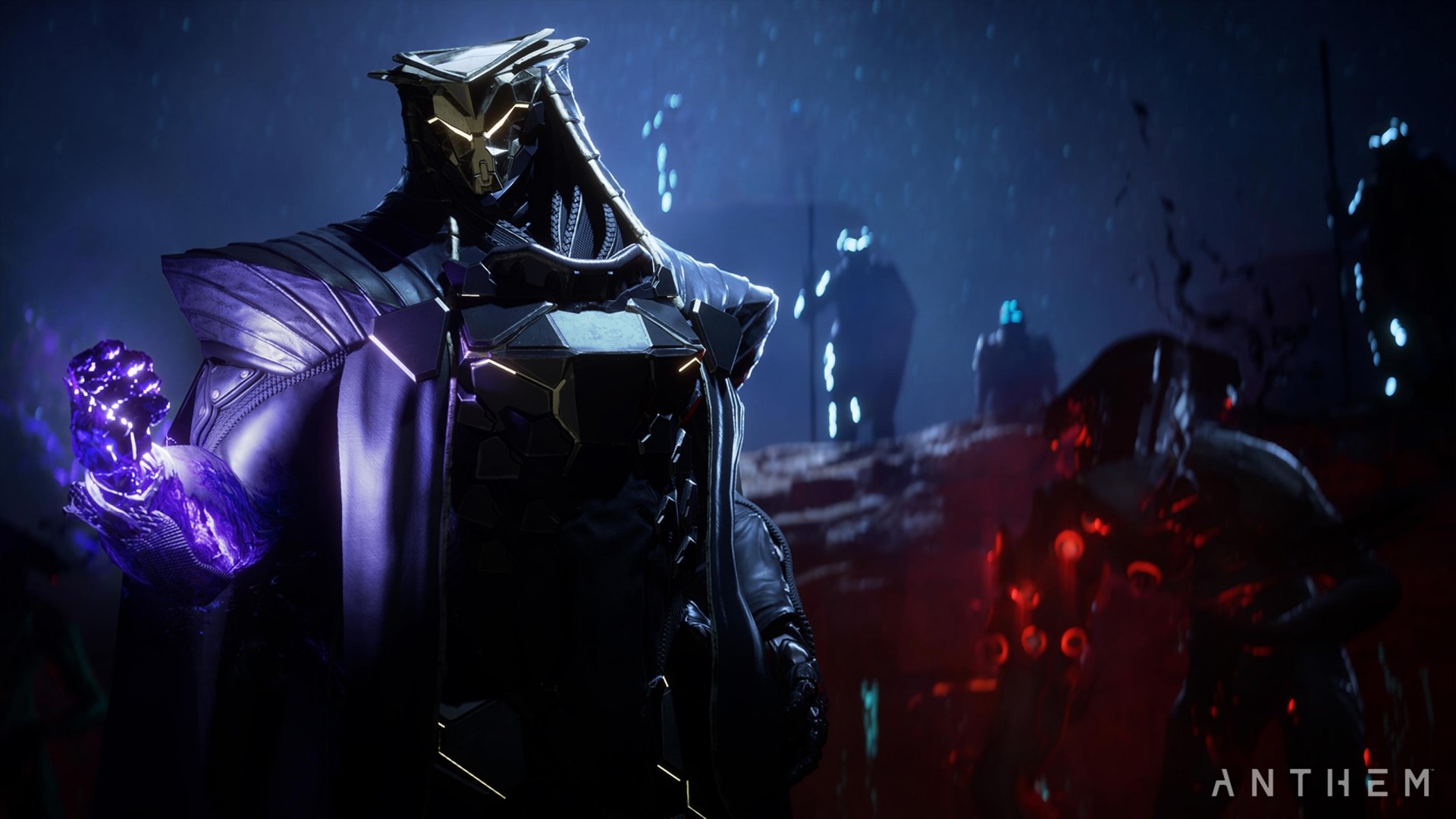 Anthem video game character with glowing purple hand HD Wallpaper