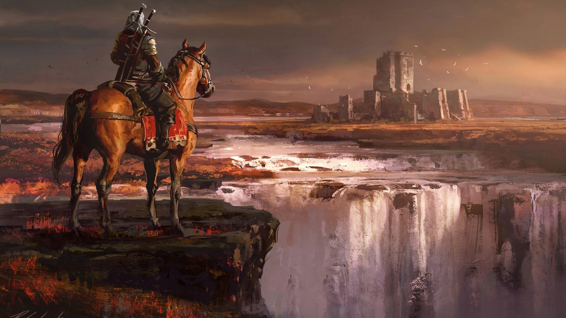 Geralt from The Witcher 3 on horseback overlooking a castle HD Wallpaper