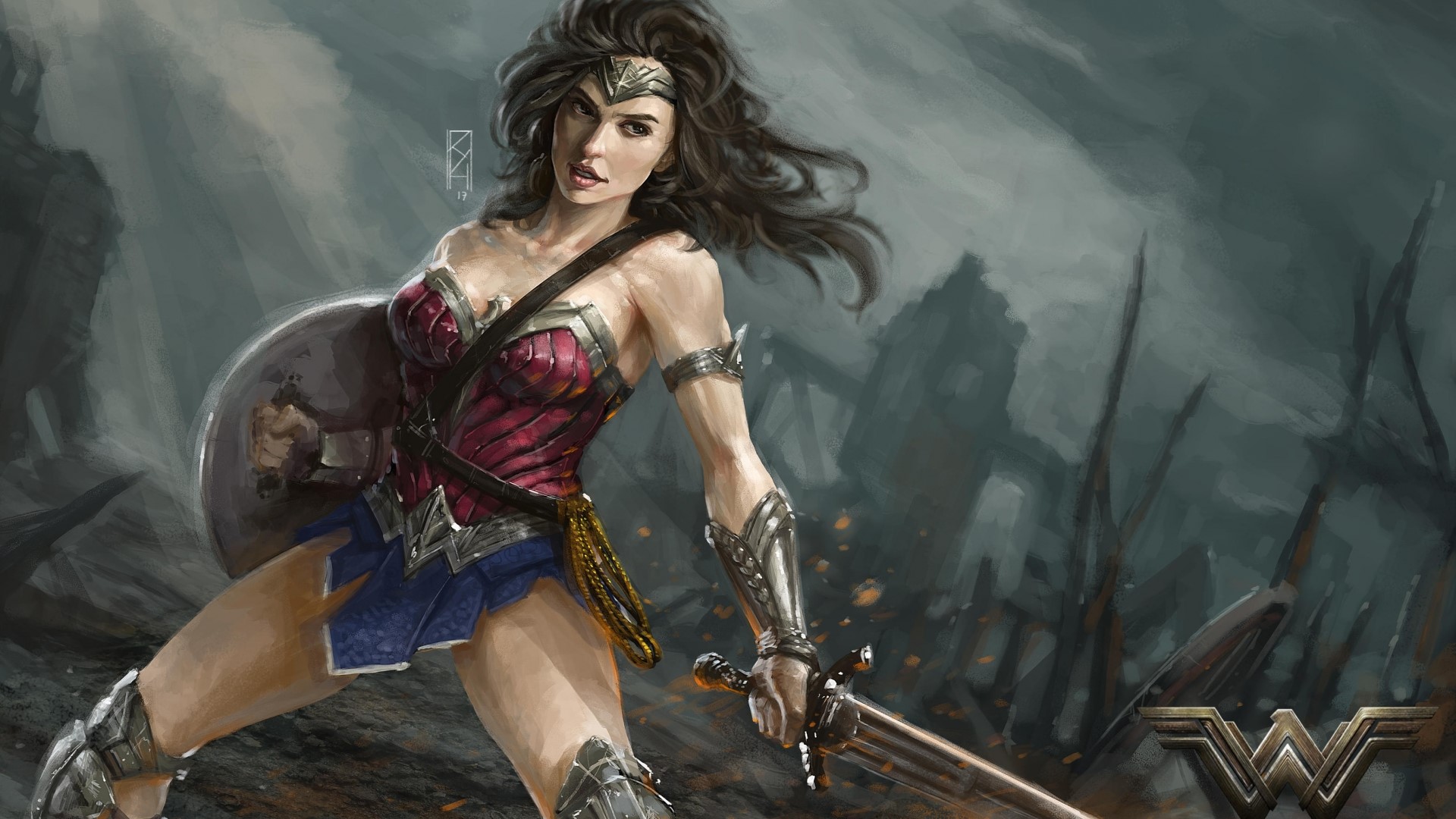 Wonder Woman in a battle scene HD Wallpaper