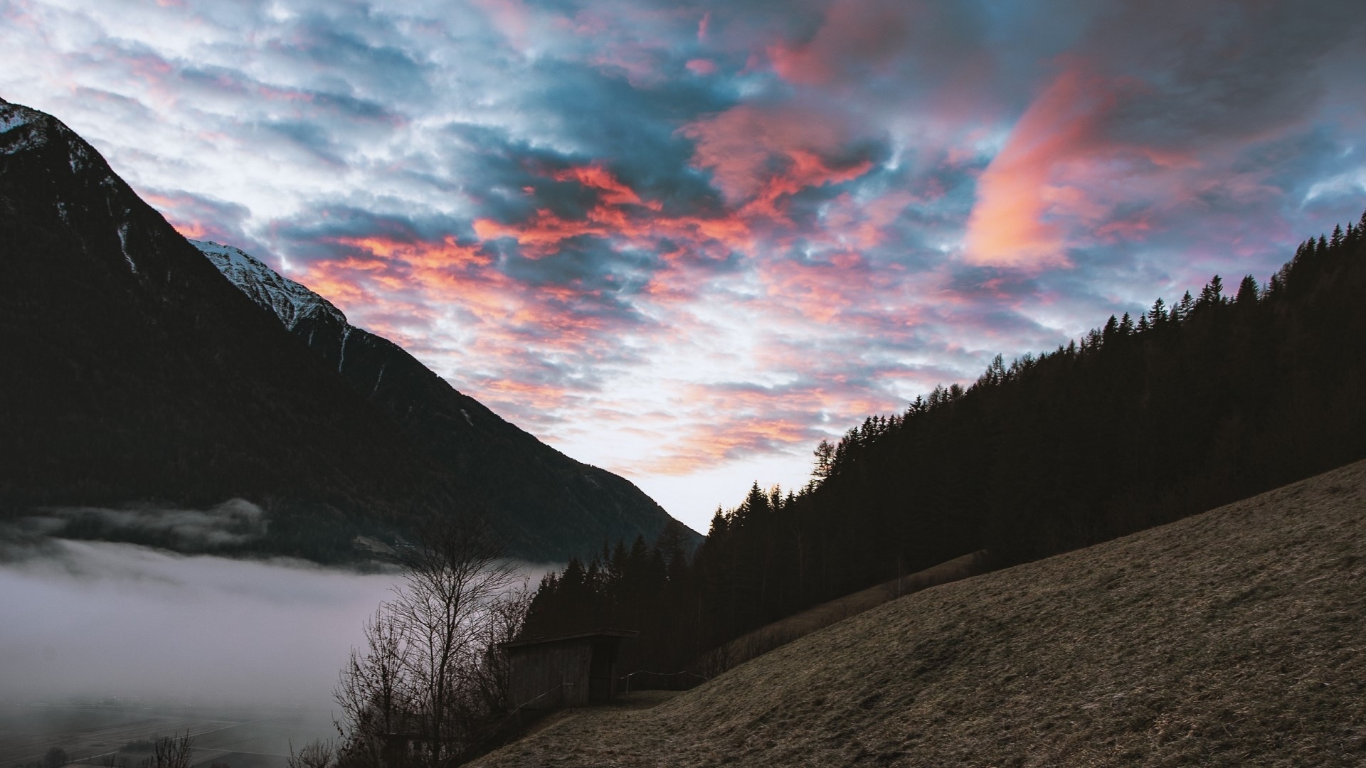 Sunset over foggy valley in South Tyrol HD Wallpaper