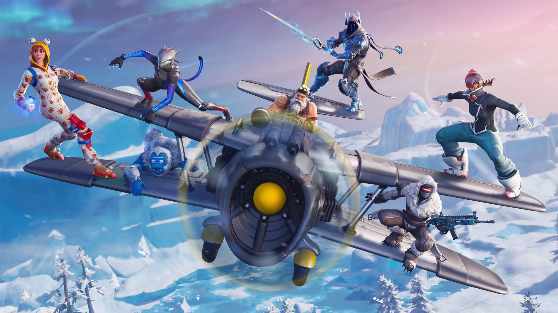 Fortnite characters on a biplane in a snowy landscape HD Wallpaper