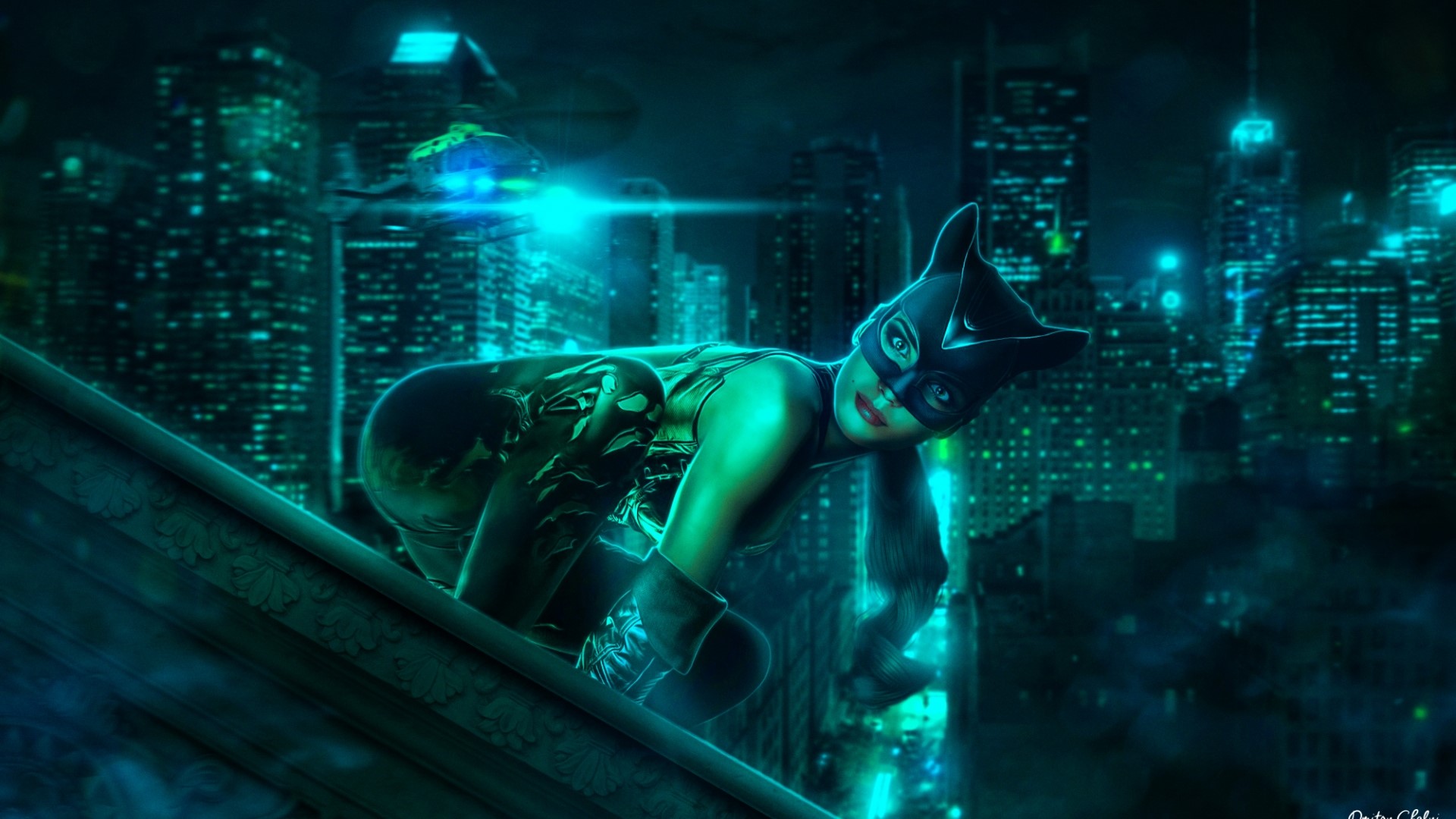 Catwoman on a rooftop in Gotham City HD Wallpaper
