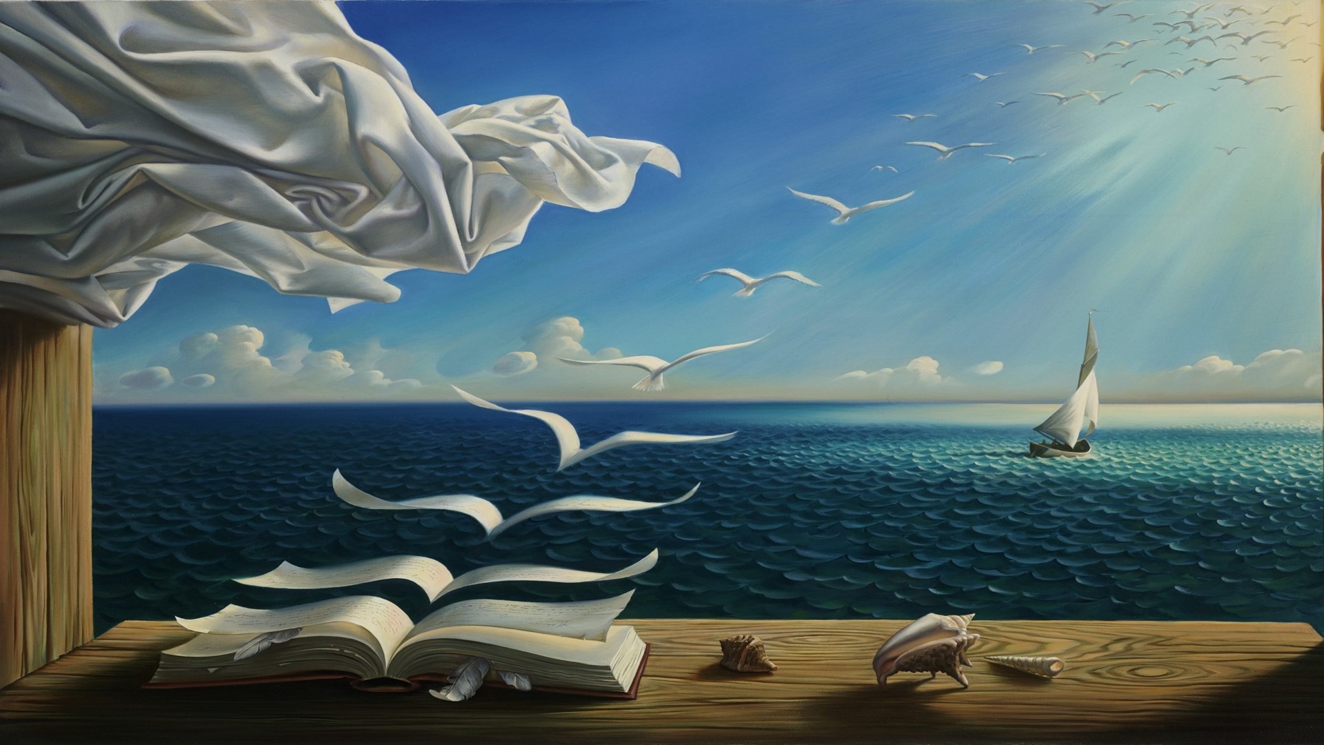 Surreal seascape with open book and flying paper birds HD Wallpaper