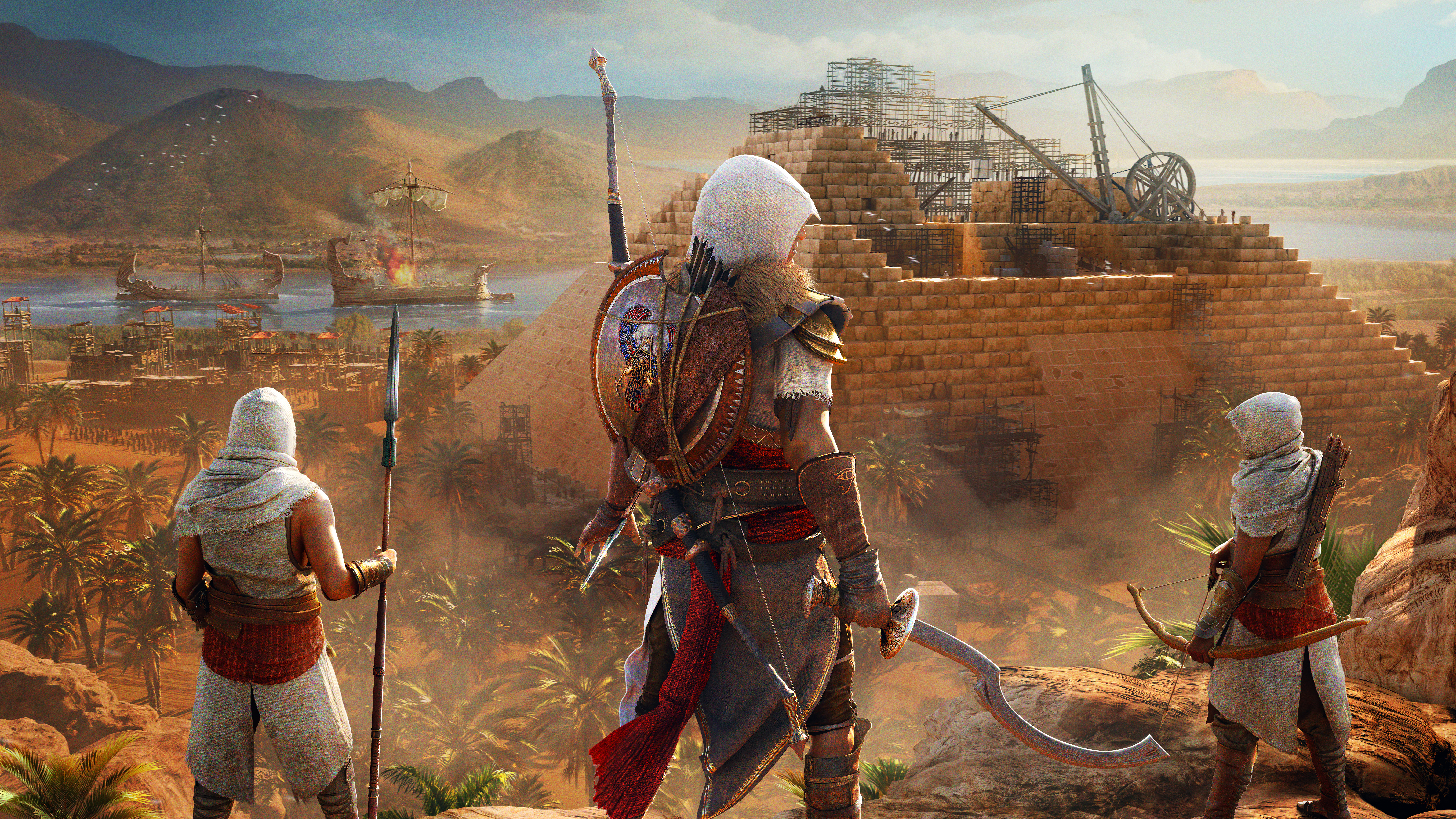 Bayek from Assassin's Creed Origins with allies near a pyramid HD Wallpaper