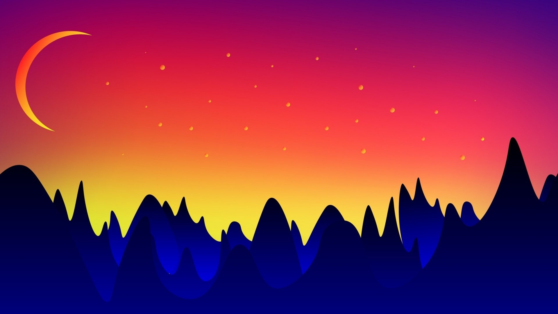 Crescent moon over a stylized mountain range at sunset HD Wallpaper