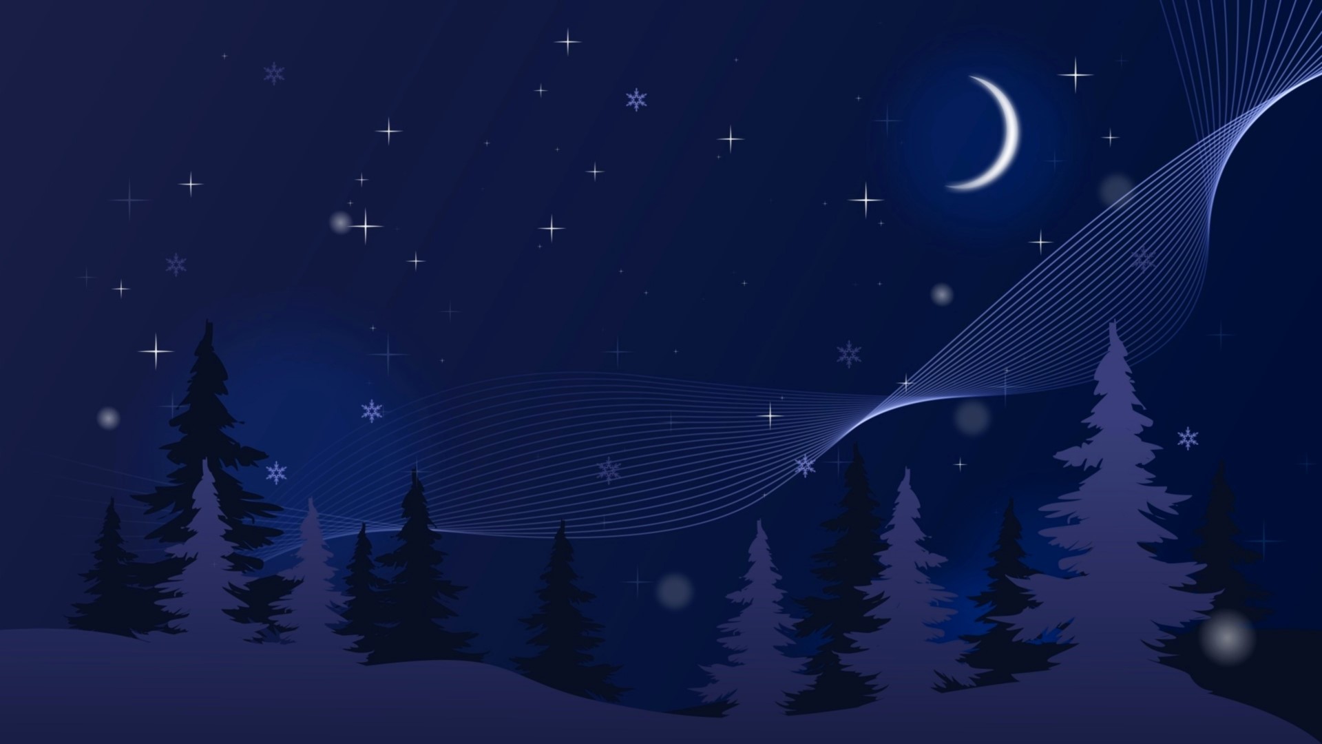 Winter Night Sky with Crescent Moon and Pine Trees HD Wallpaper