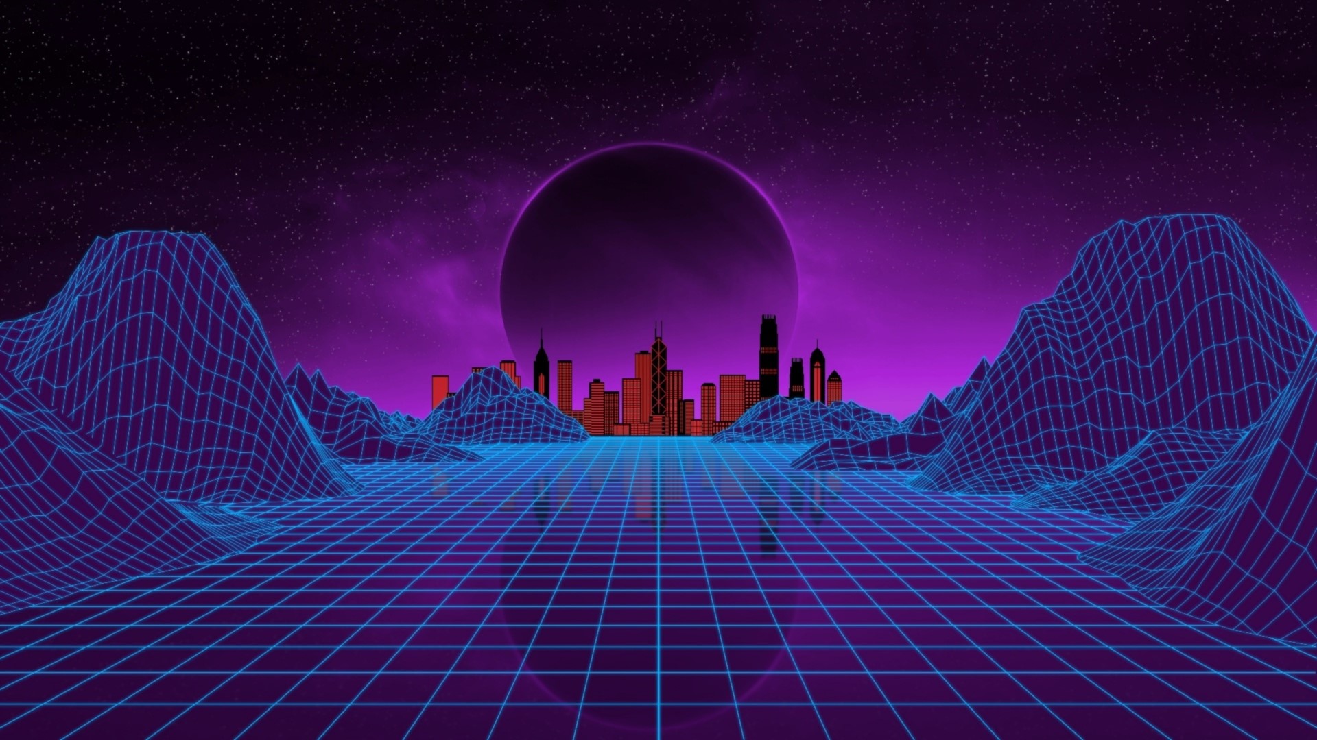 Retro Cityscape with Planet and Stars HD Wallpaper