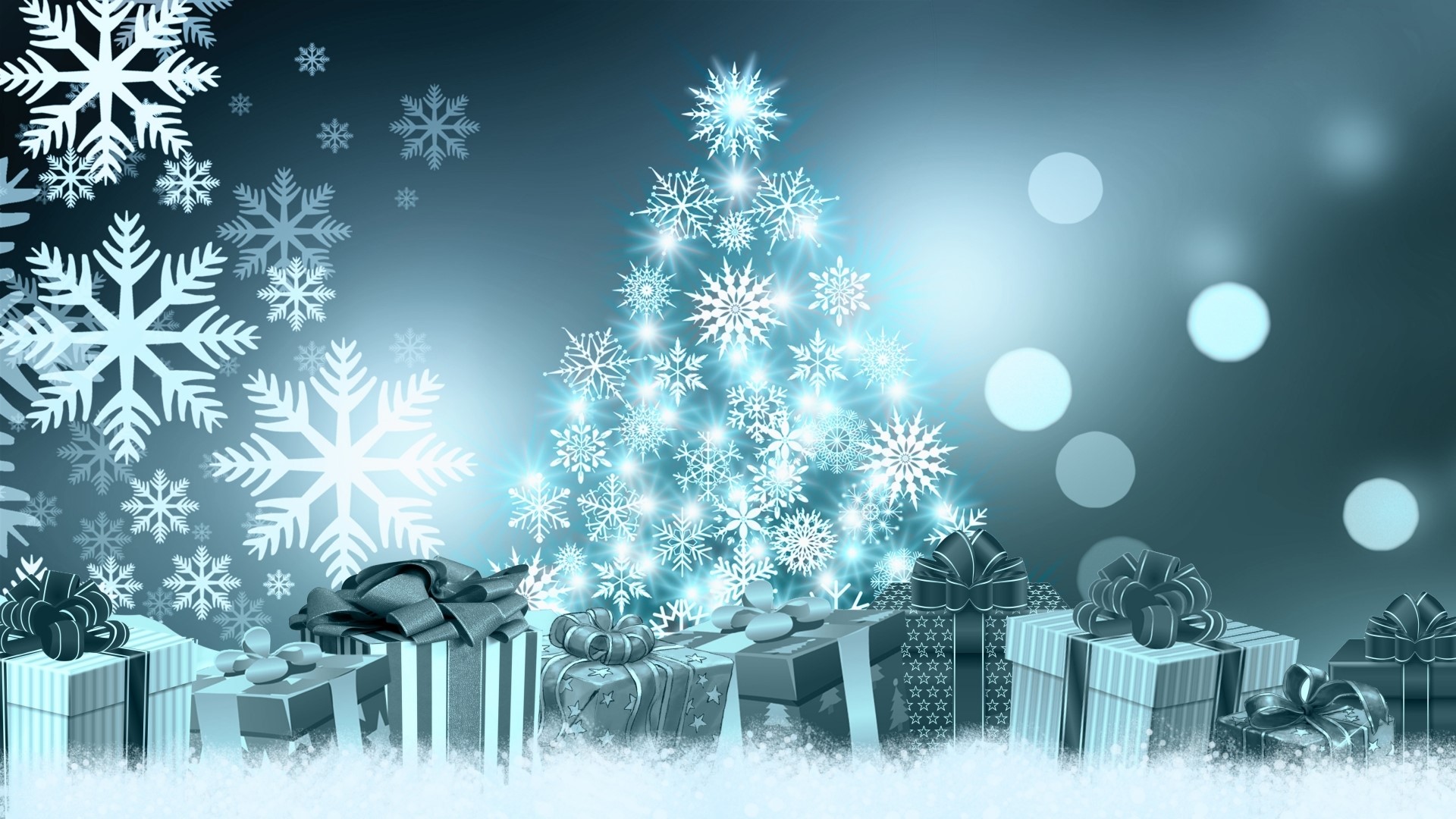 Christmas Tree with Snowflakes and Gifts HD Wallpaper