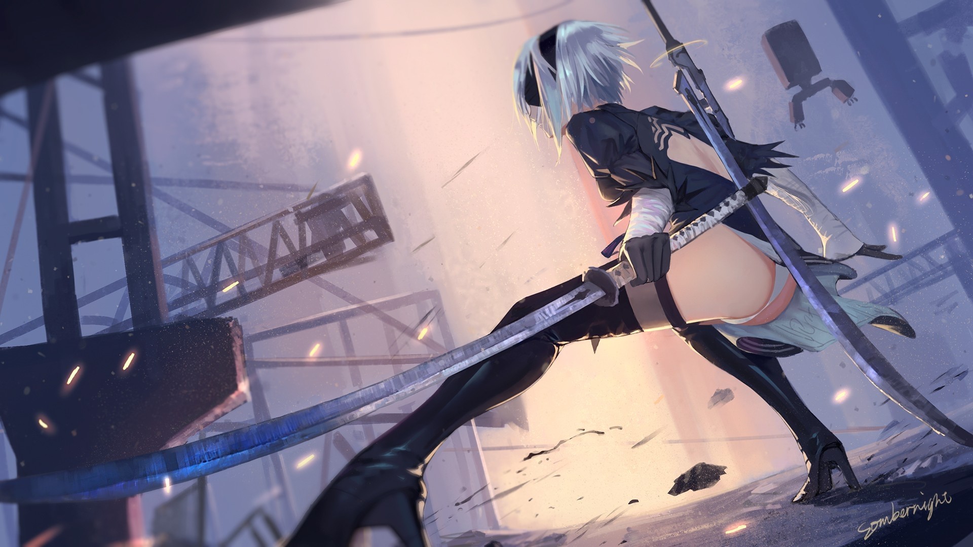 2B from Nier Automata with swords HD Wallpaper