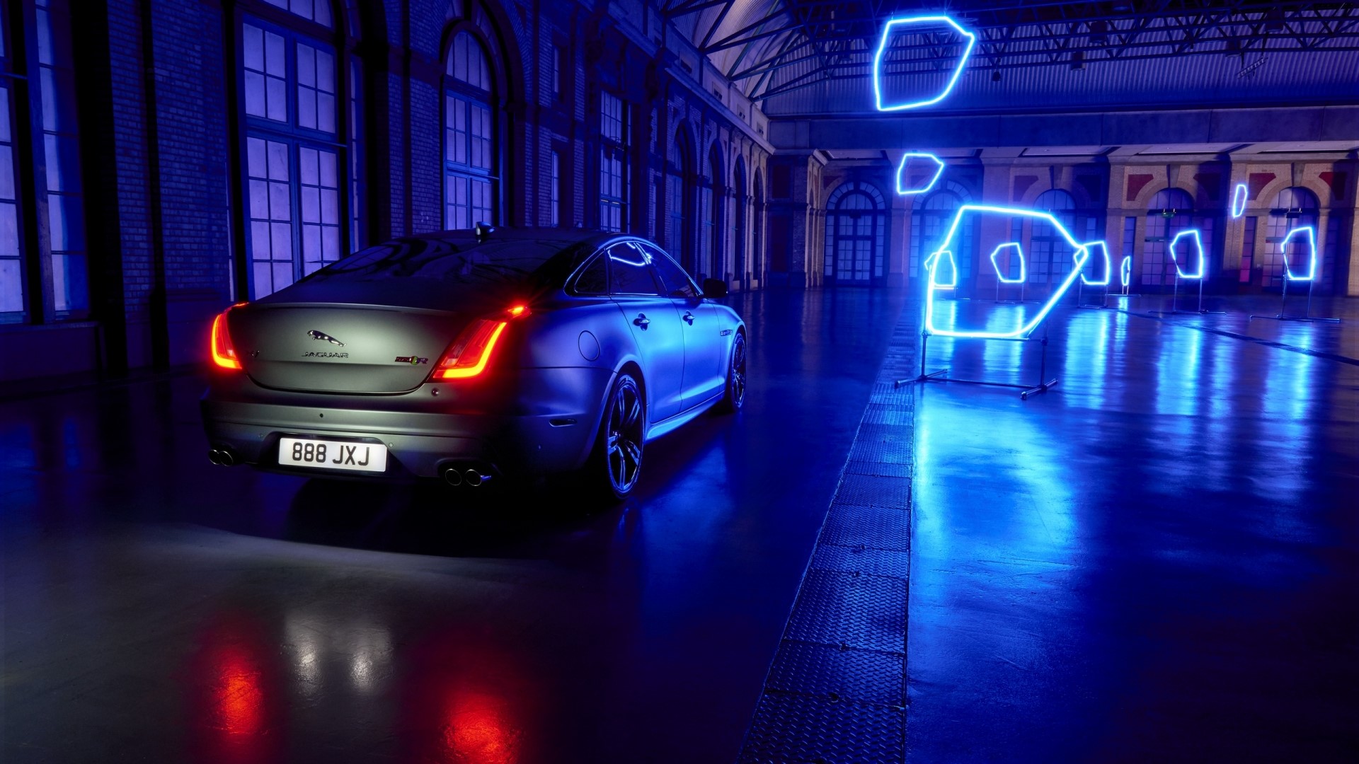 Jaguar XJR sedan with neon lights HD Wallpaper