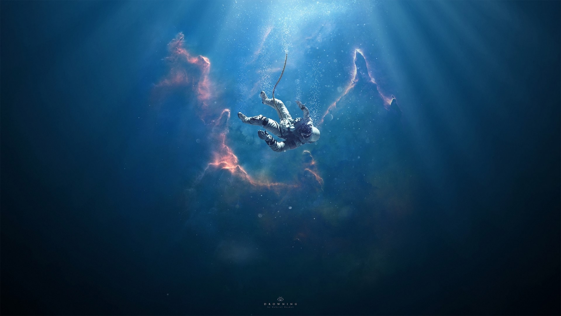 Astronaut falling in deep blue space with nebulae HD Wallpaper