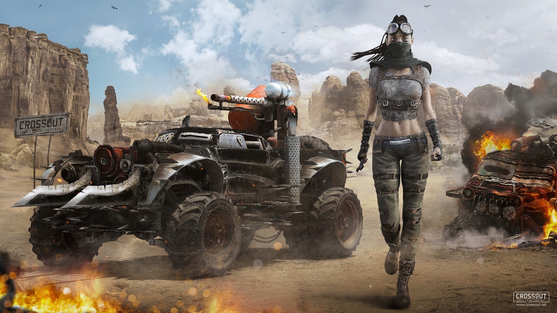 Woman and vehicle in Crossout desert landscape HD Wallpaper