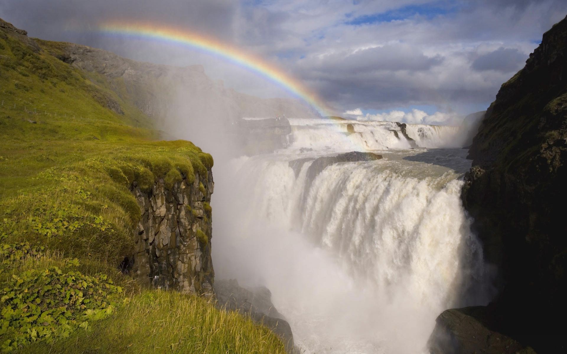 Gullfoss waterfall with a rainbow in Iceland HD Wallpaper
