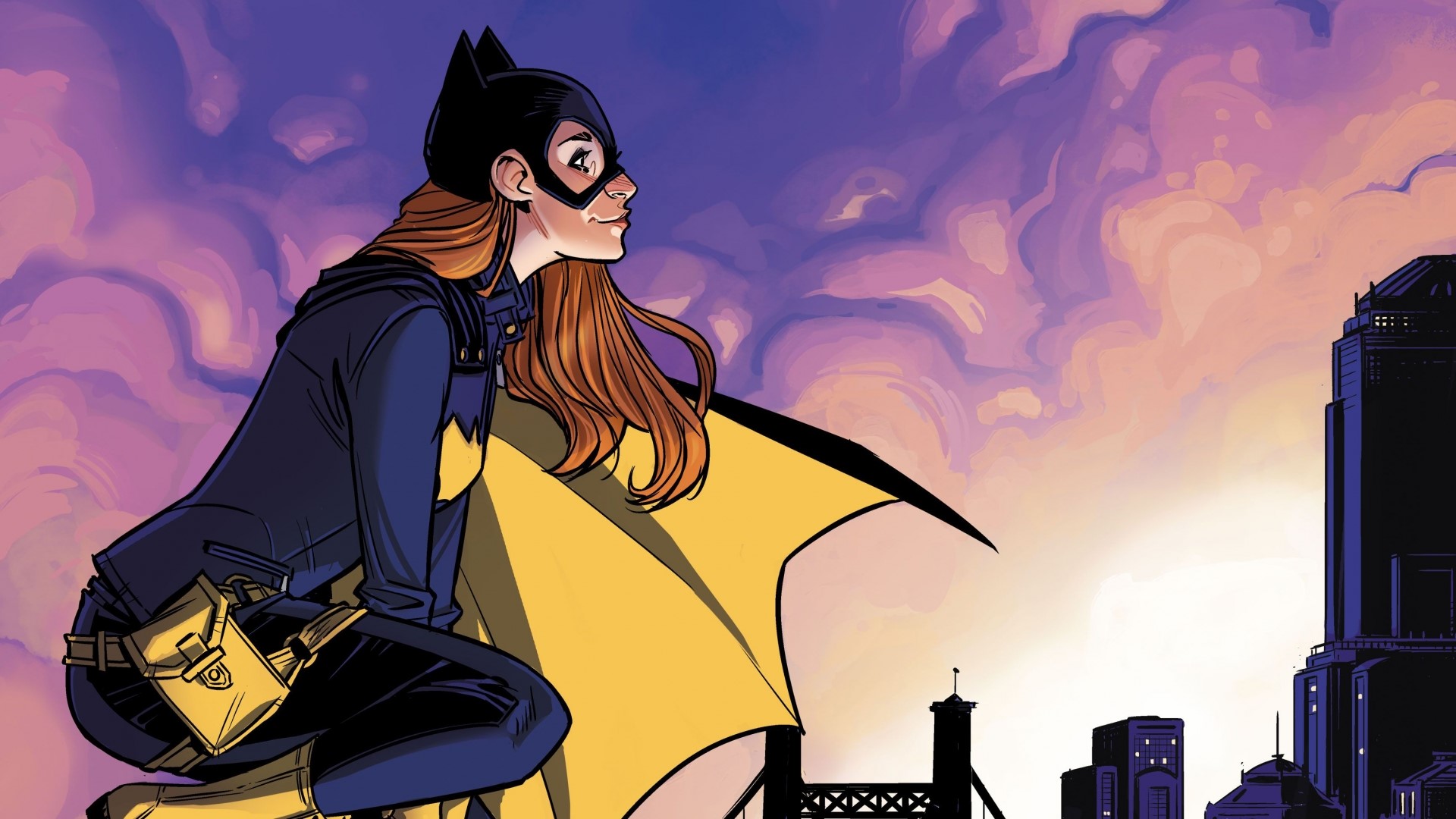 Batgirl from DC Comics overlooking a city at sunset HD Wallpaper