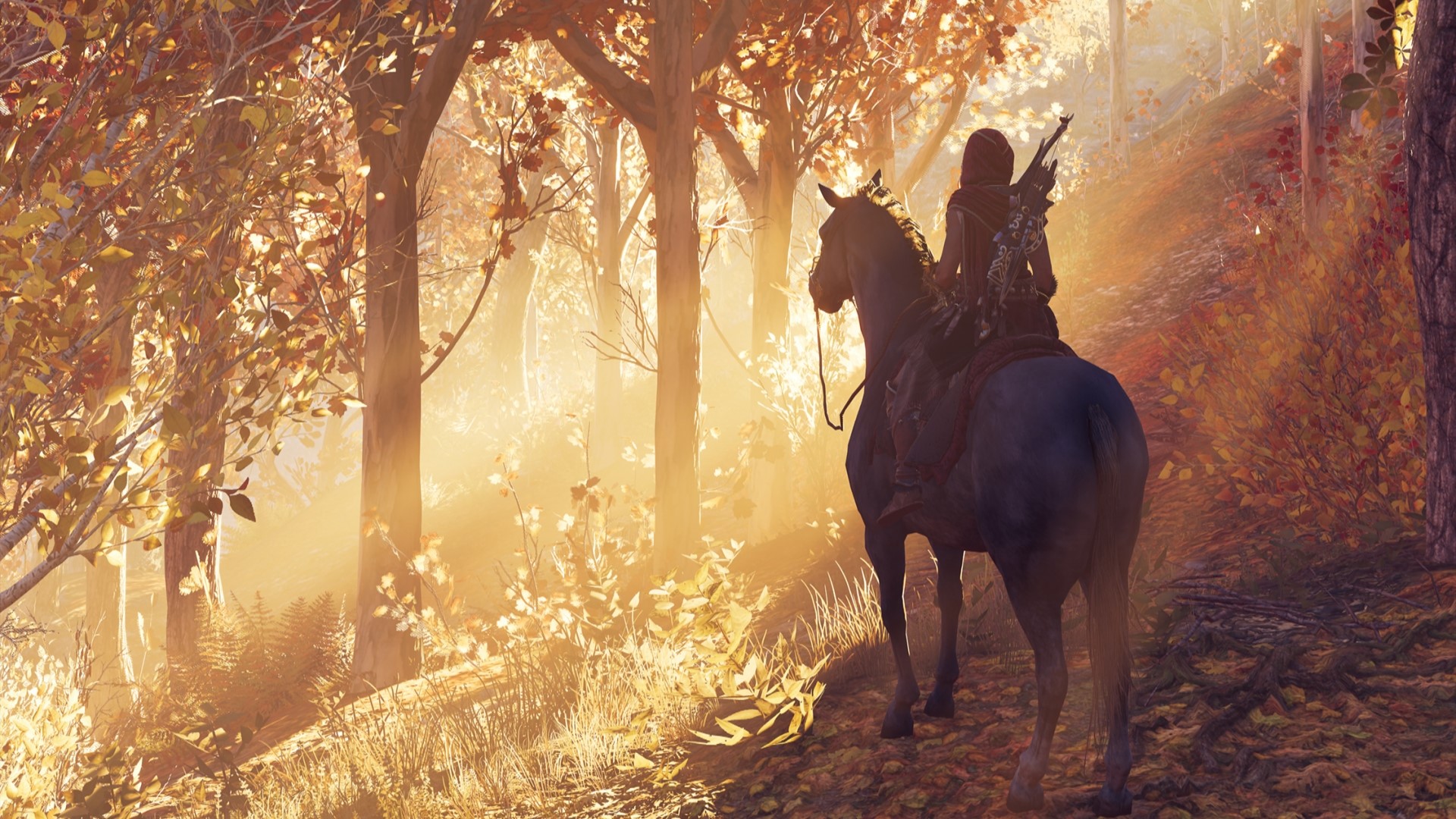 Assassin from Assassin's Creed Odyssey on horseback in a forest HD Wallpaper