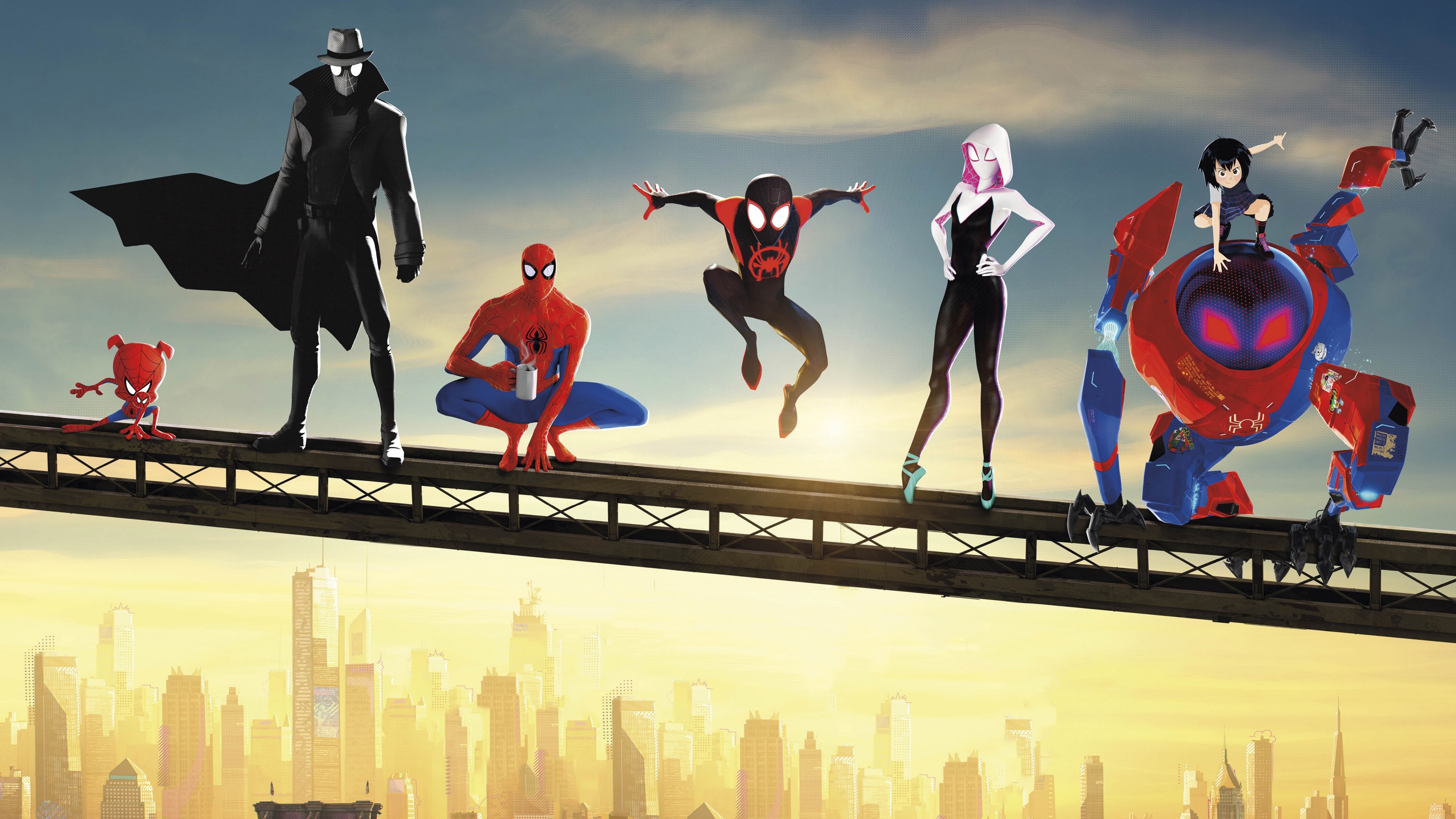 Spider-Man: Into the Spider-Verse characters on a bridge HD Wallpaper