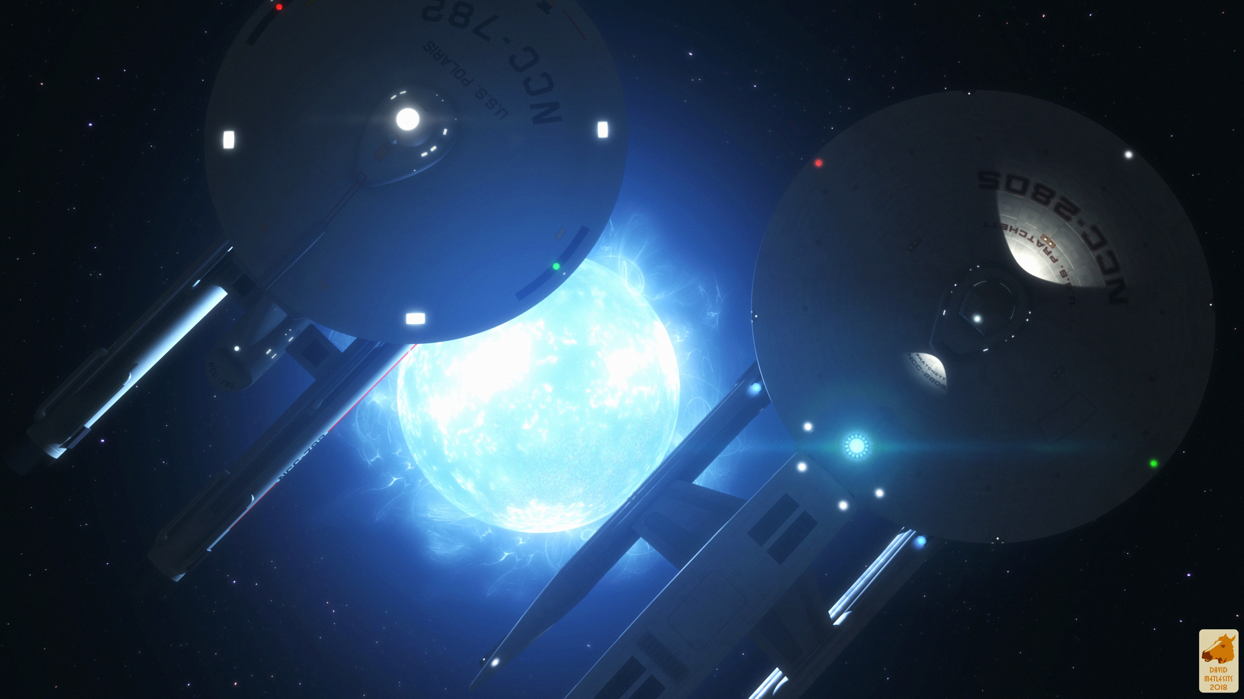 Two Starfleet ships near a blue star HD Wallpaper