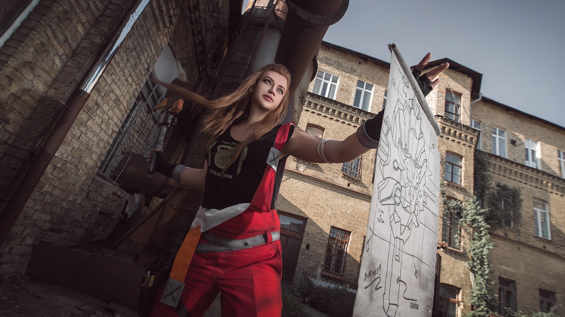 Brigitte from Overwatch Cosplay holding a blueprint HD Wallpaper