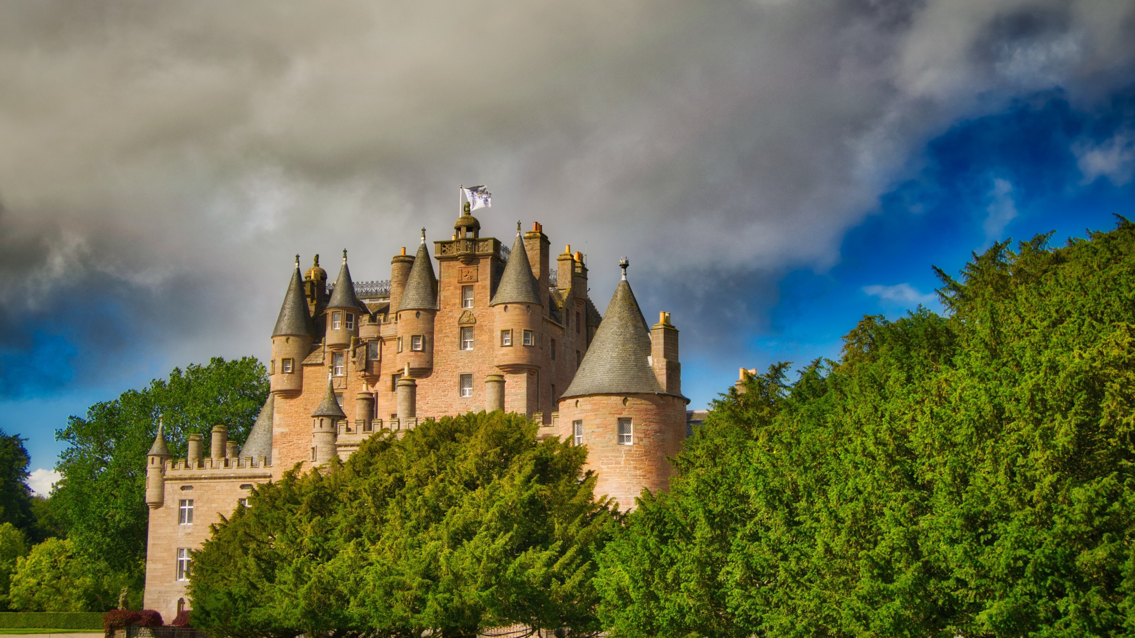4K Castle with Conical Roofs and Trees HD Wallpaper