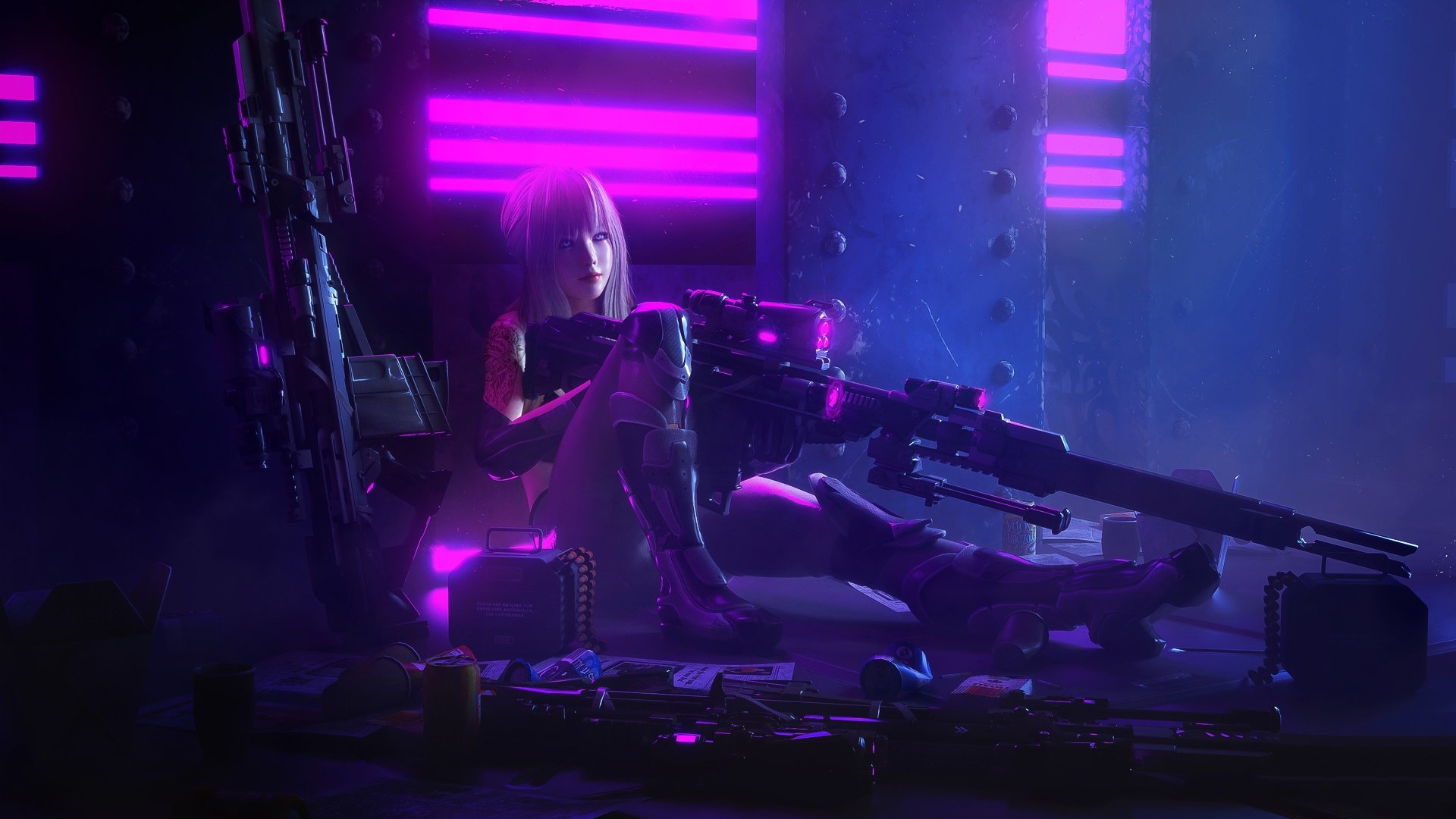 Cyberpunk girl with sniper rifles HD Wallpaper