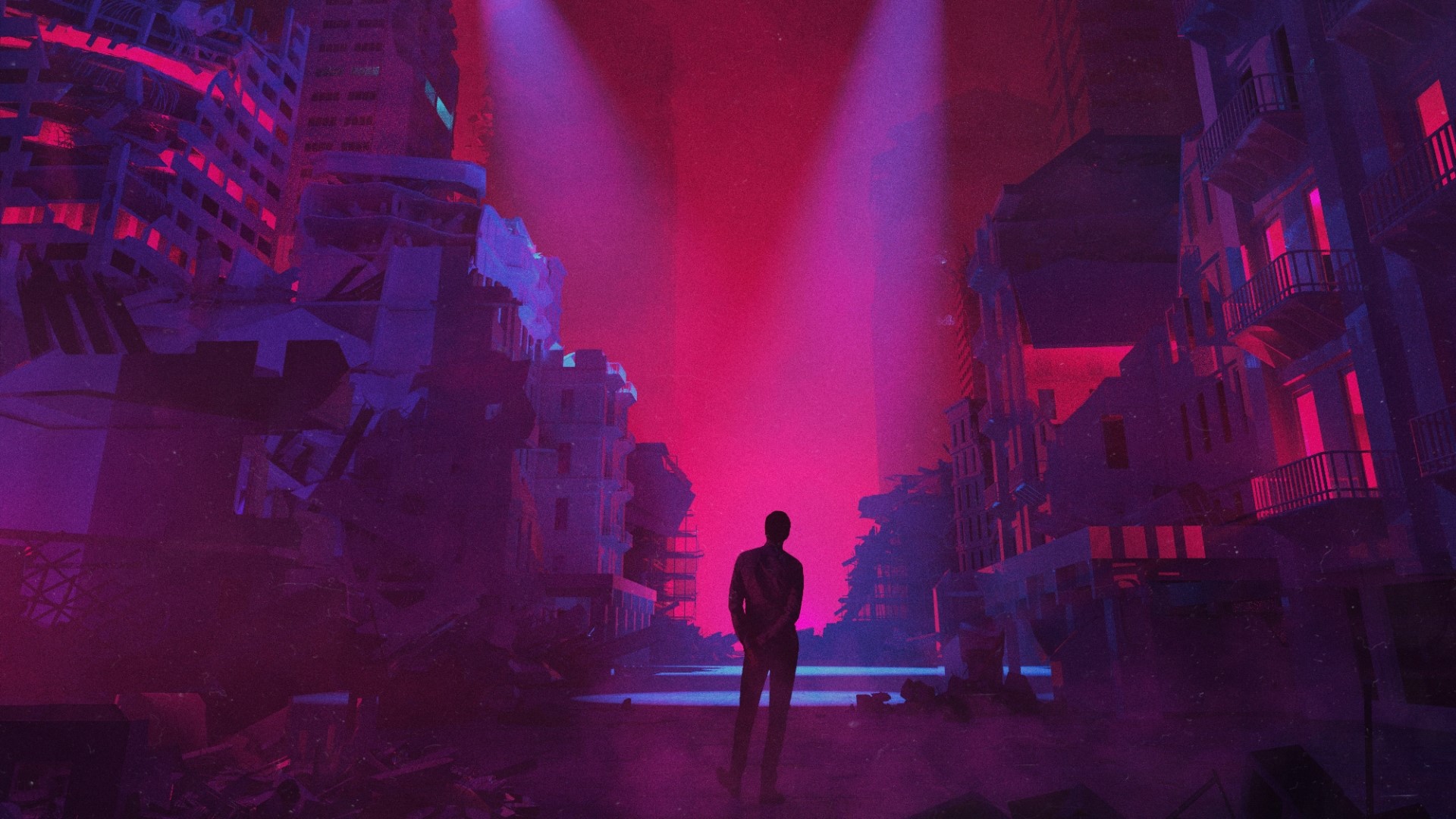 Man standing in ruined city with pink spotlights HD Wallpaper