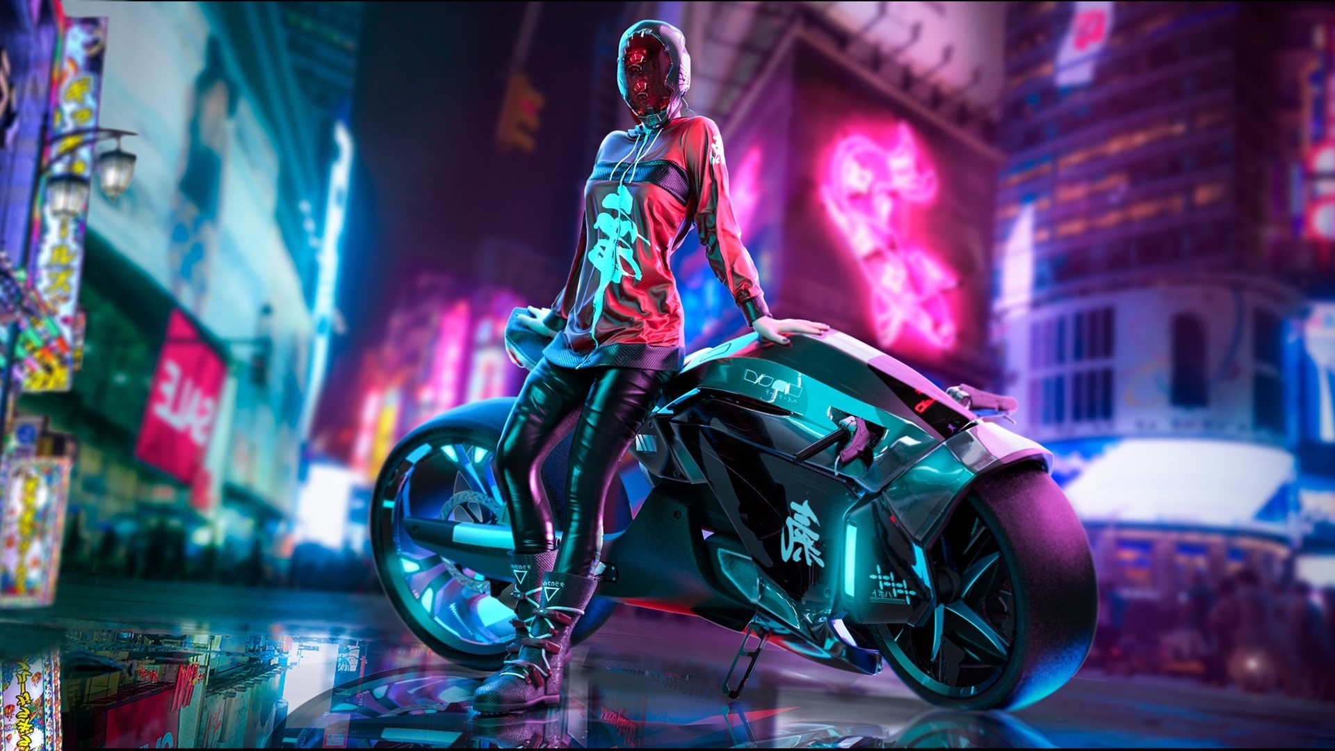 Sci-fi girl with futuristic motorcycle in neon city HD Wallpaper