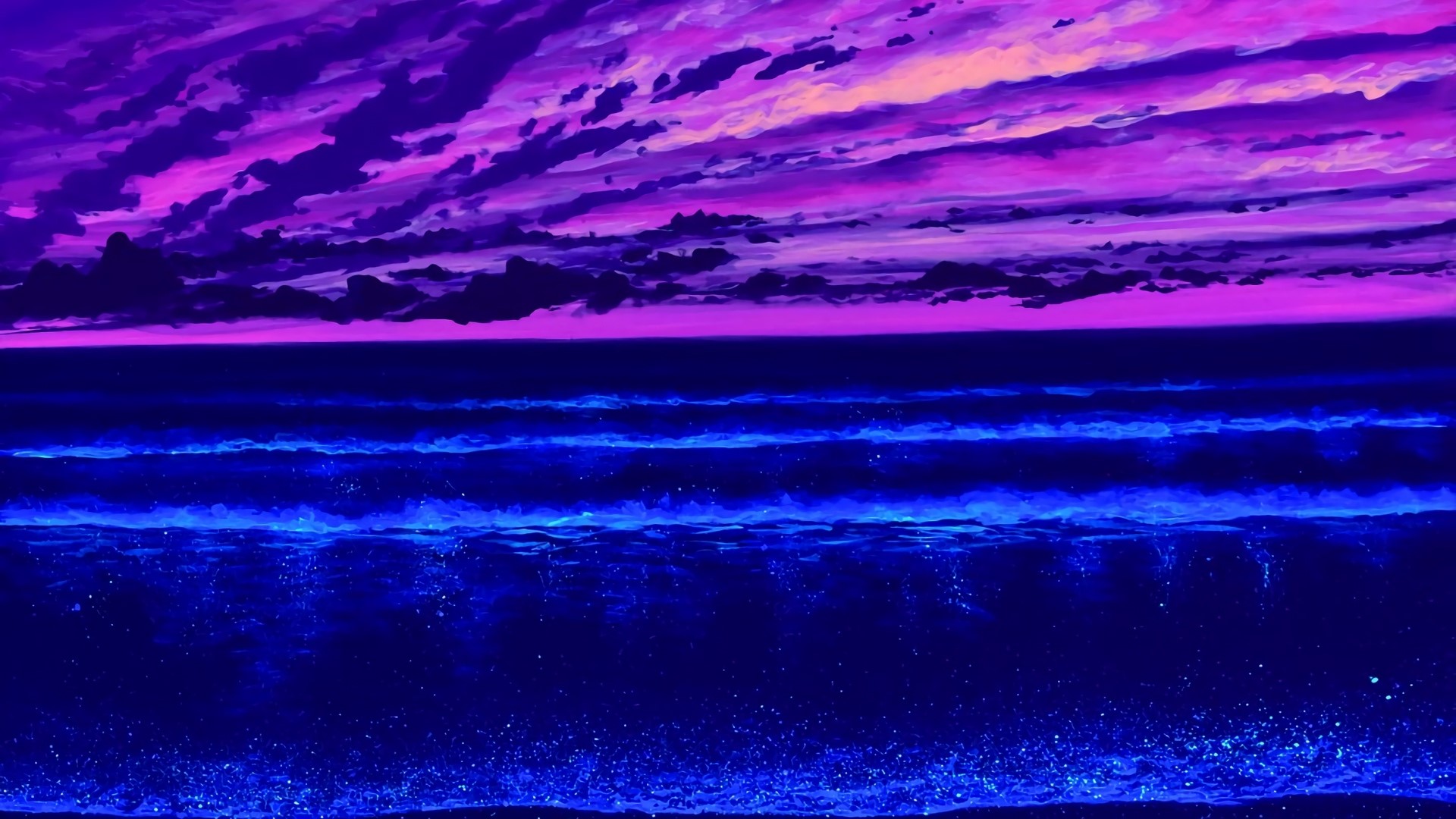 Purple and pink clouds over a dark ocean HD Wallpaper