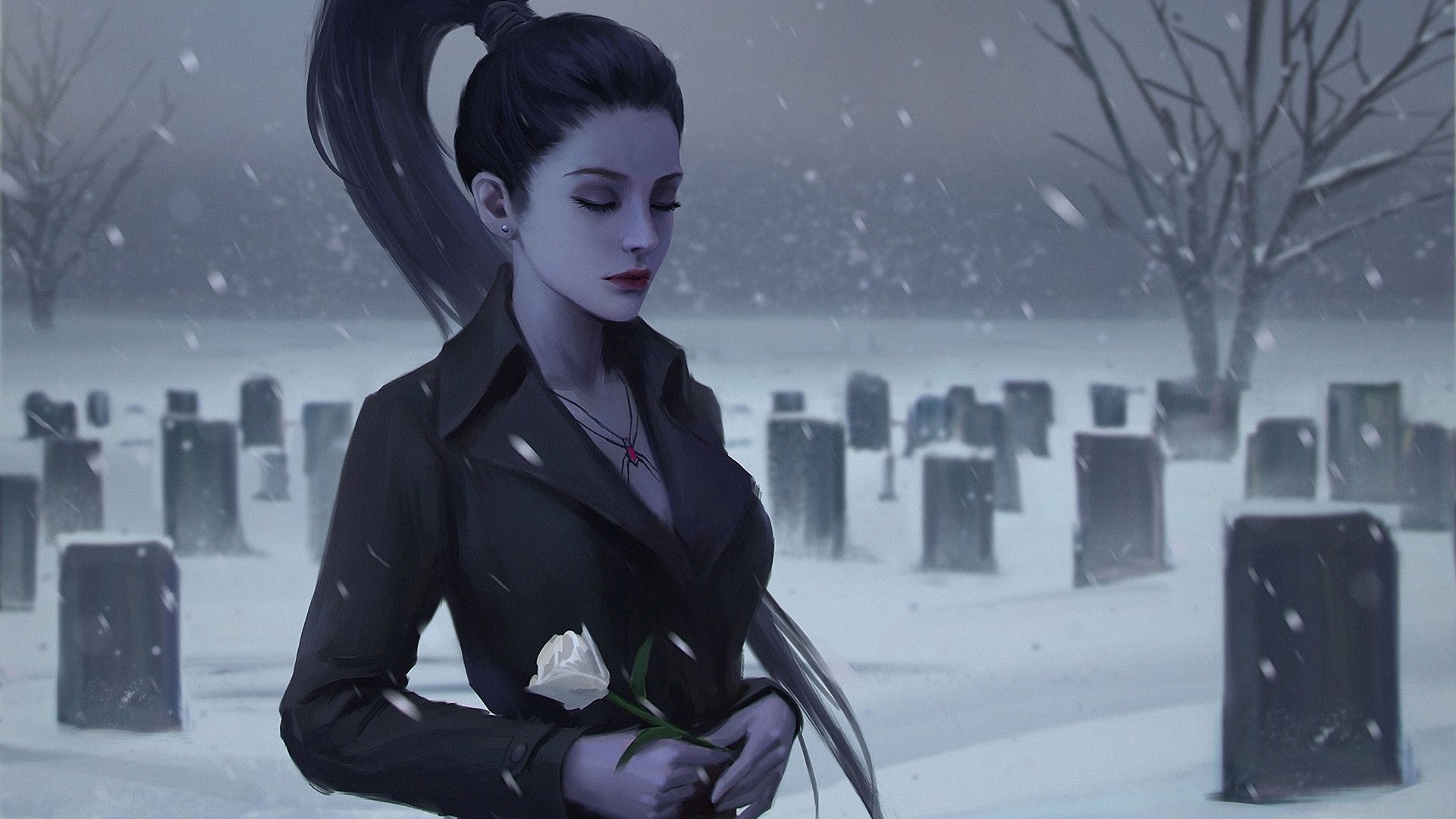 Widowmaker from Overwatch in a snowy graveyard HD Wallpaper