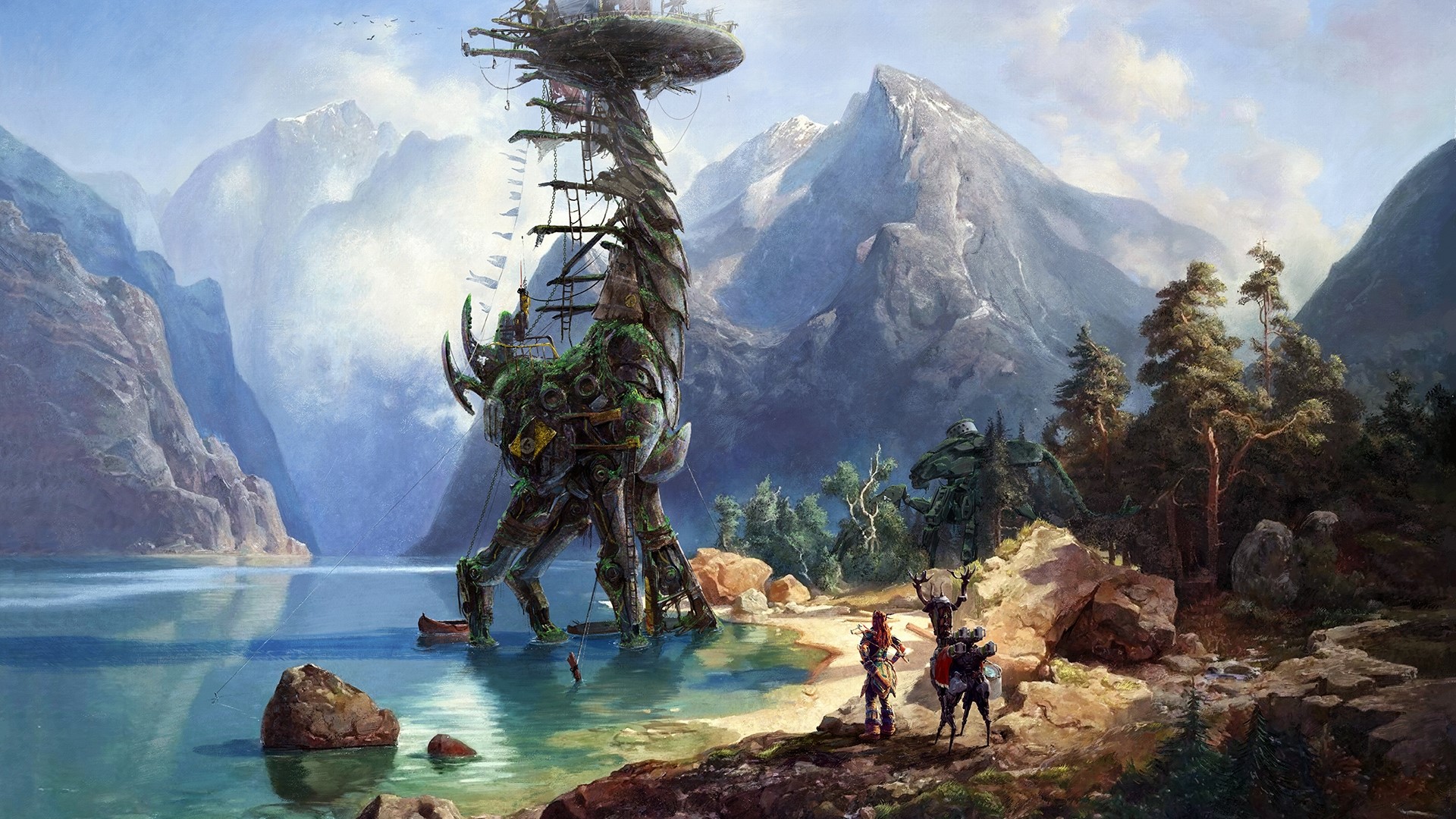 Horizon Zero Dawn: Tallneck by a Lake with Mountains HD Wallpaper
