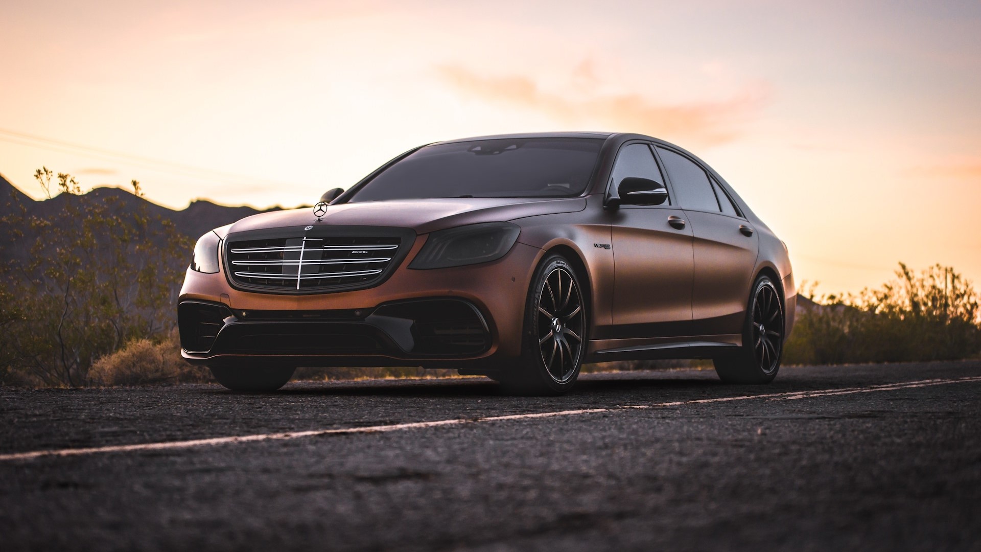 Matte Bronze Mercedes-Benz S-Class AMG on a Desert Road HD Wallpaper