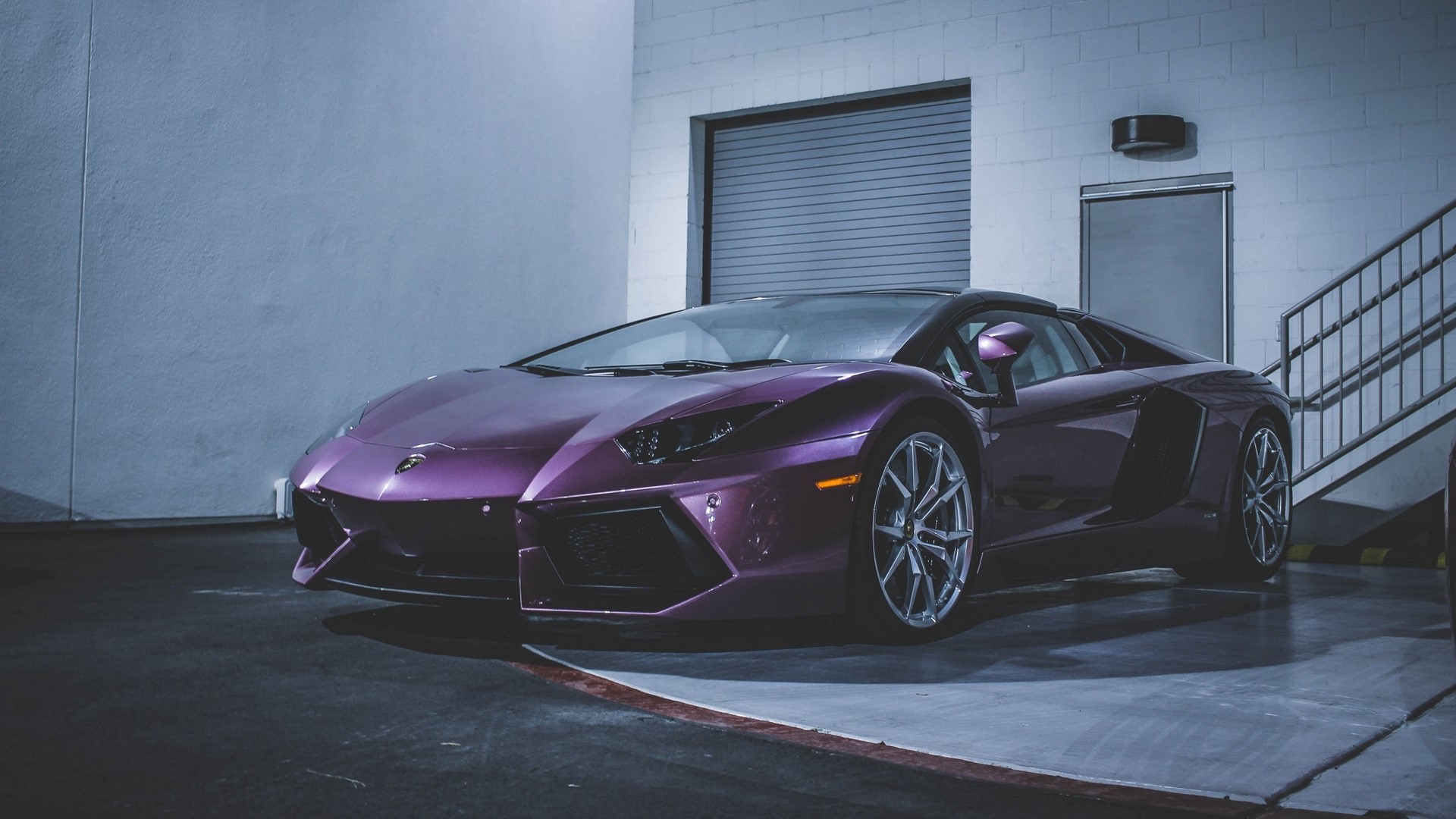 Purple Lamborghini Aventador parked in a garage HD Wallpaper