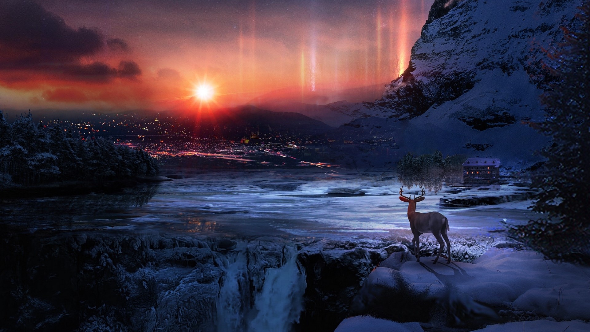 Deer in a snowy landscape with aurora borealis HD Wallpaper