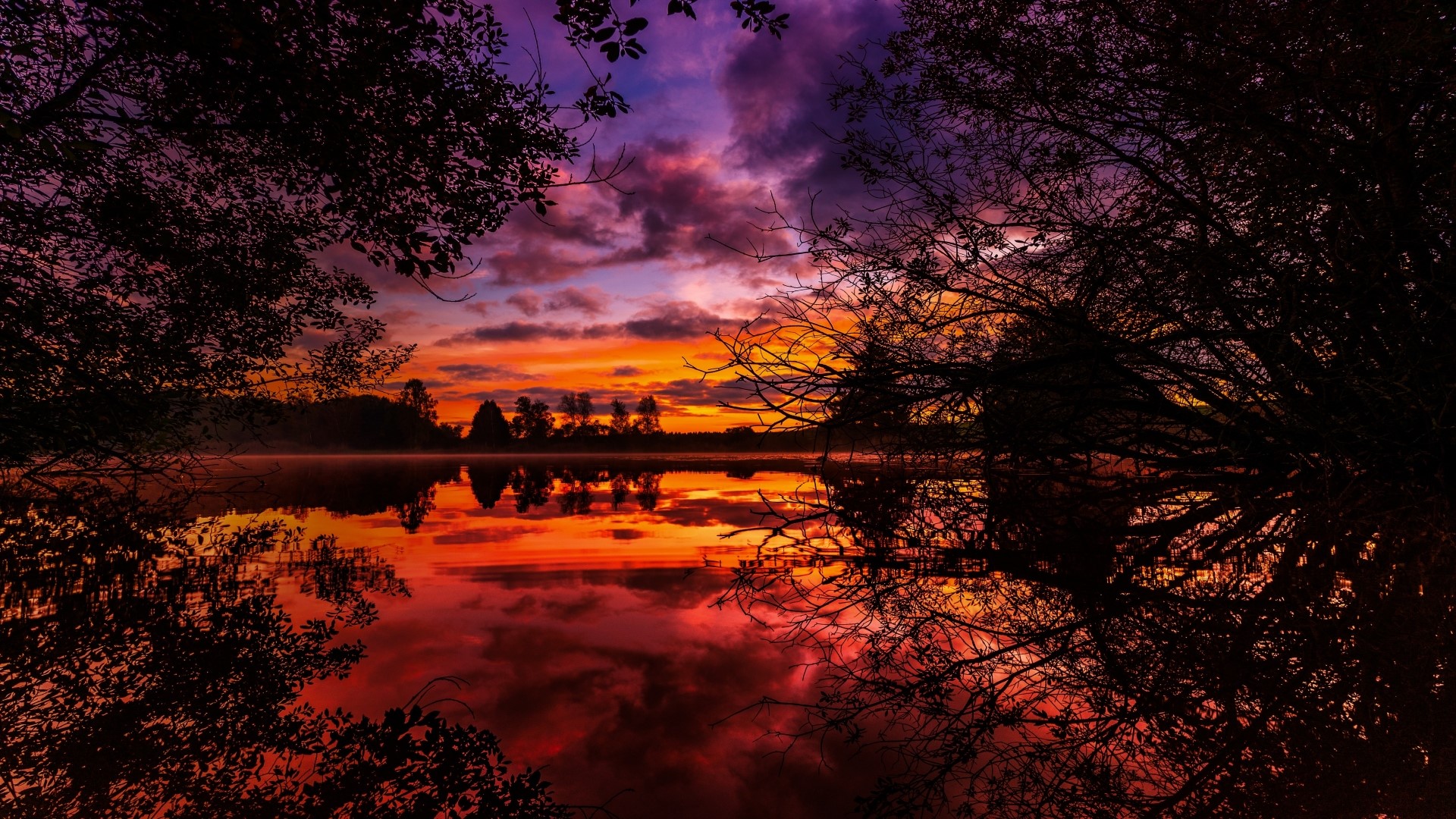 Sunset over a lake with trees HD Wallpaper
