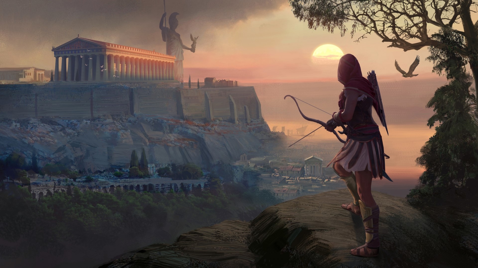 Assassin's Creed Odyssey Kassandra with bow overlooking Athens HD Wallpaper