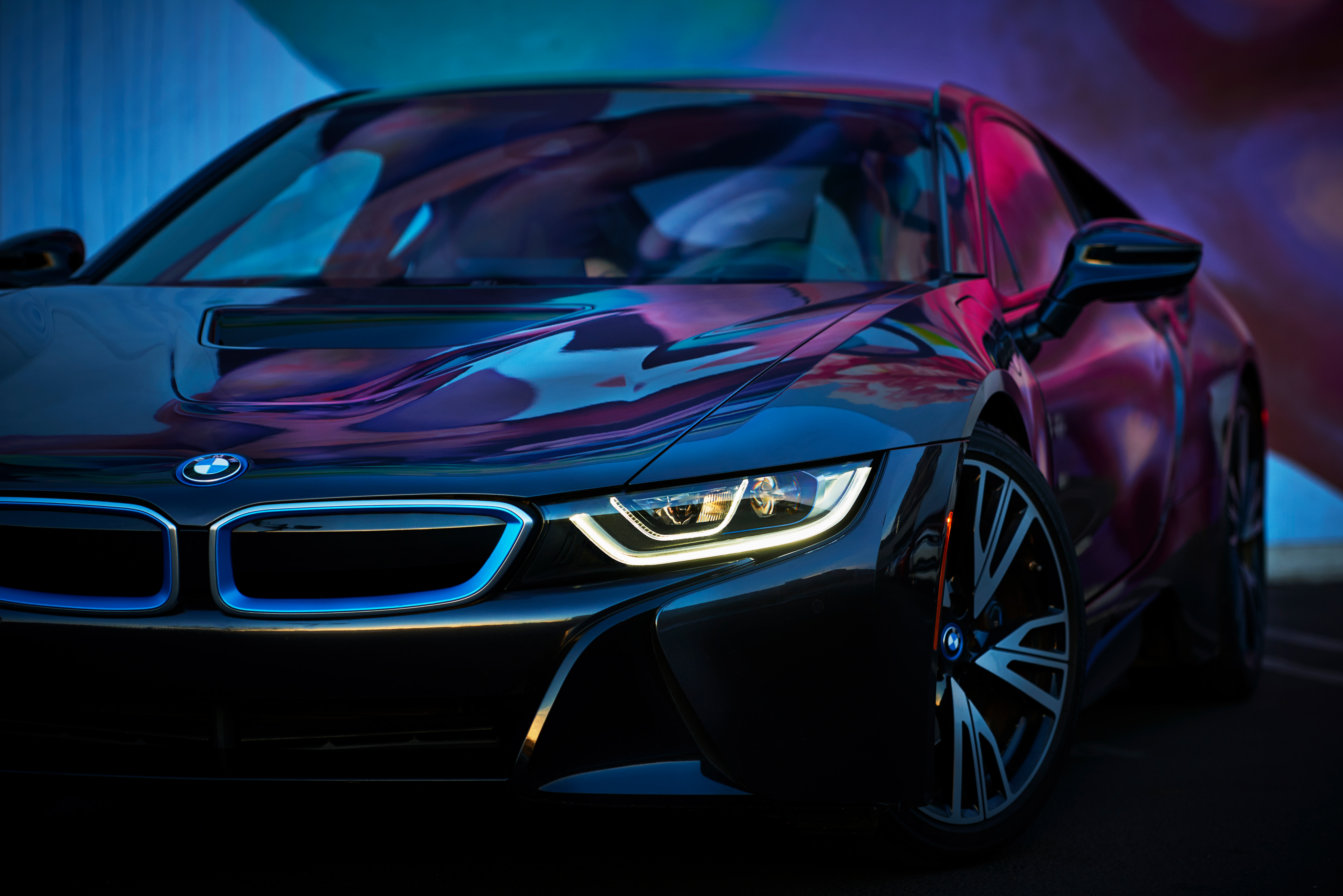 Black BMW i8 with colorful reflections HD Wallpaper