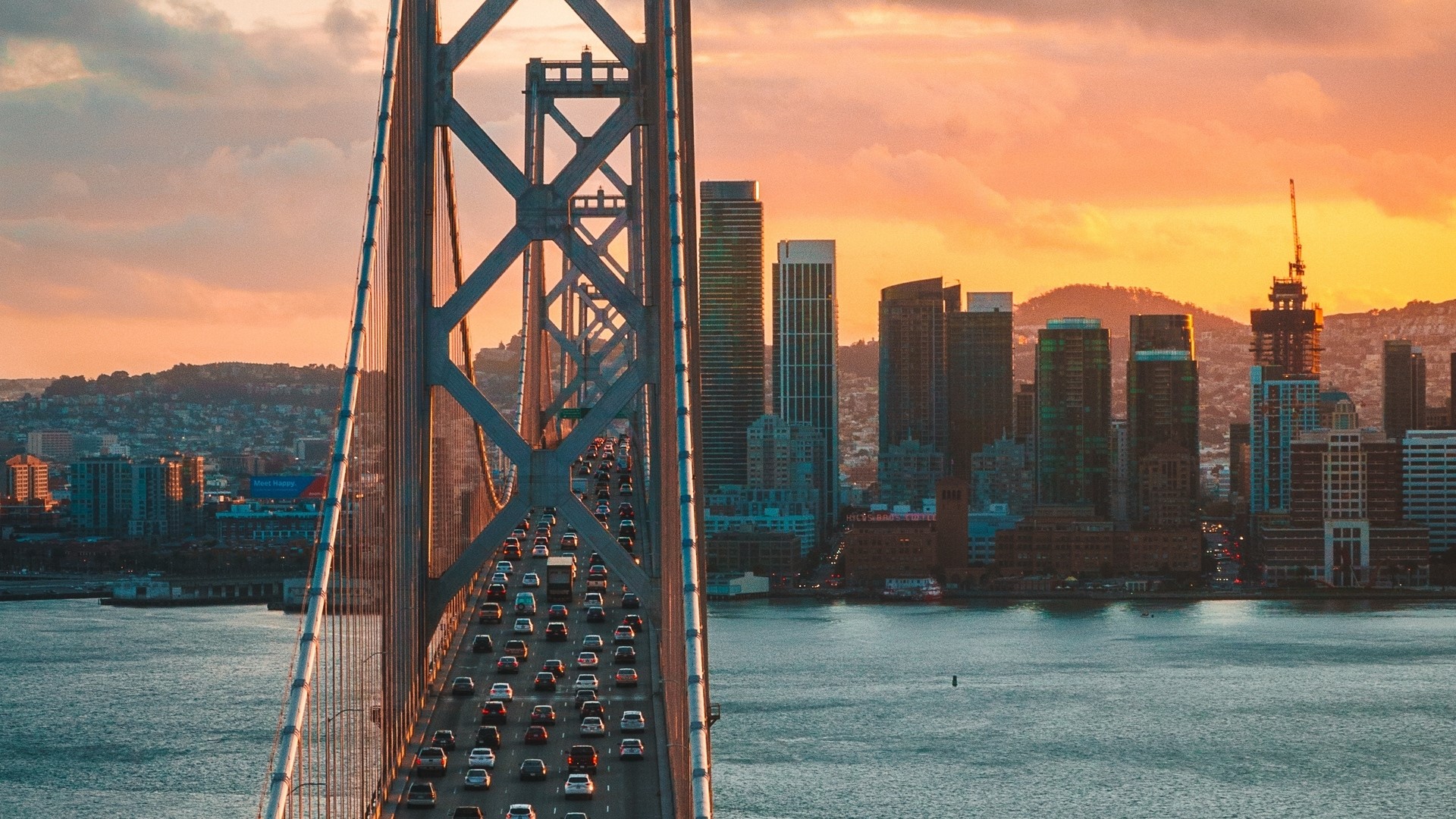 Bay Bridge and San Francisco Skyline at Sunset HD Wallpaper