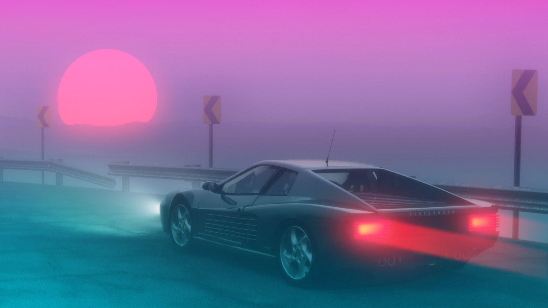 Ferrari Testarossa driving on a foggy road at sunset HD Wallpaper