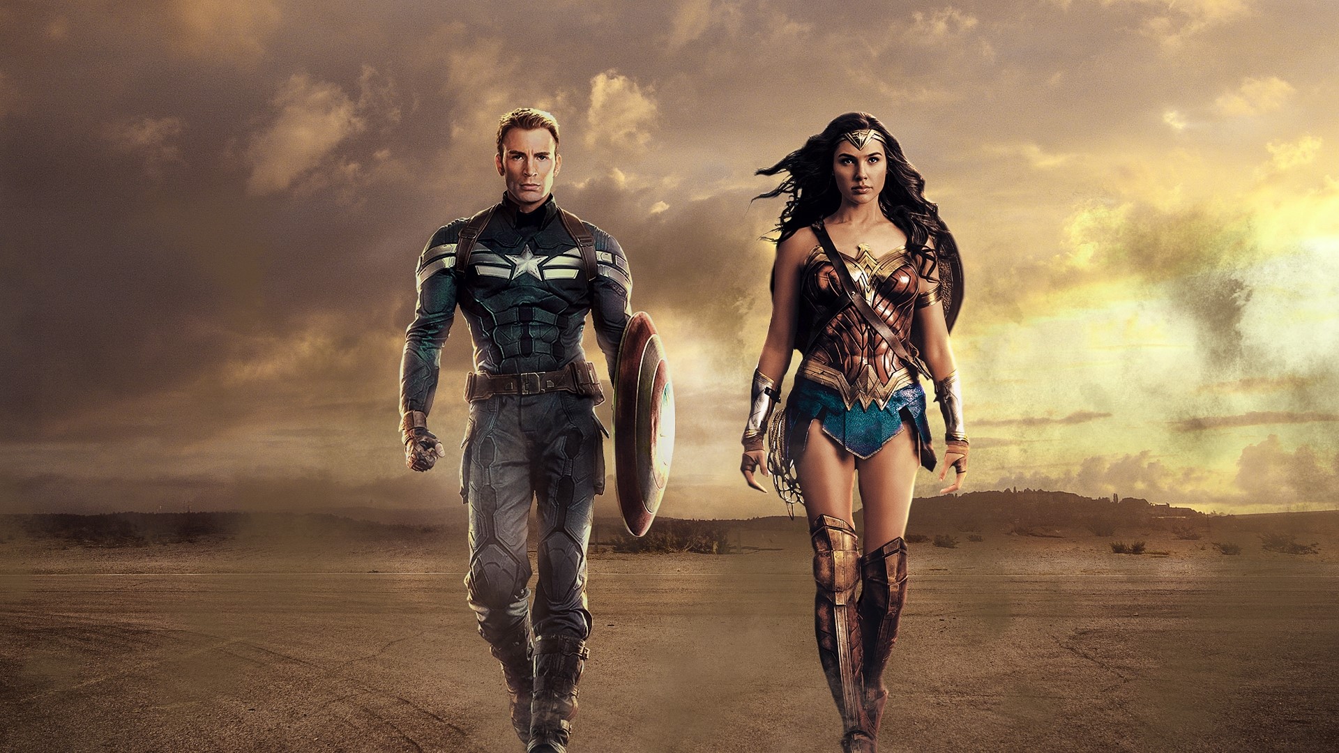 Captain America and Wonder Woman in a desert landscape HD Wallpaper