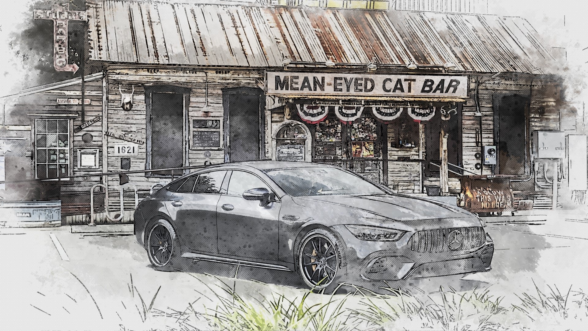Mercedes-AMG GT 63 S E Performance in front of Mean-Eyed Cat Bar HD Wallpaper