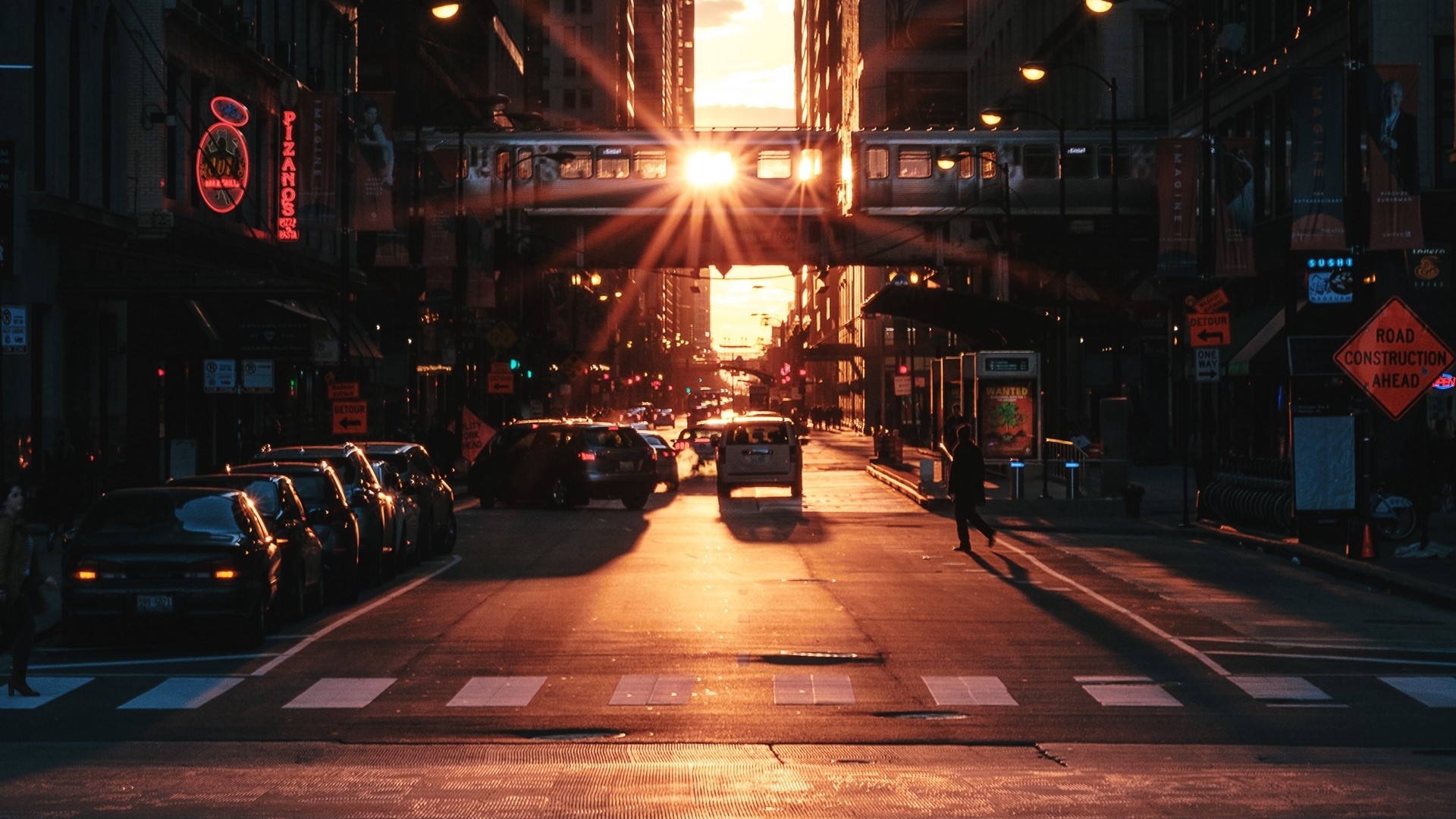 Street scene with train and cars at sunset HD Wallpaper