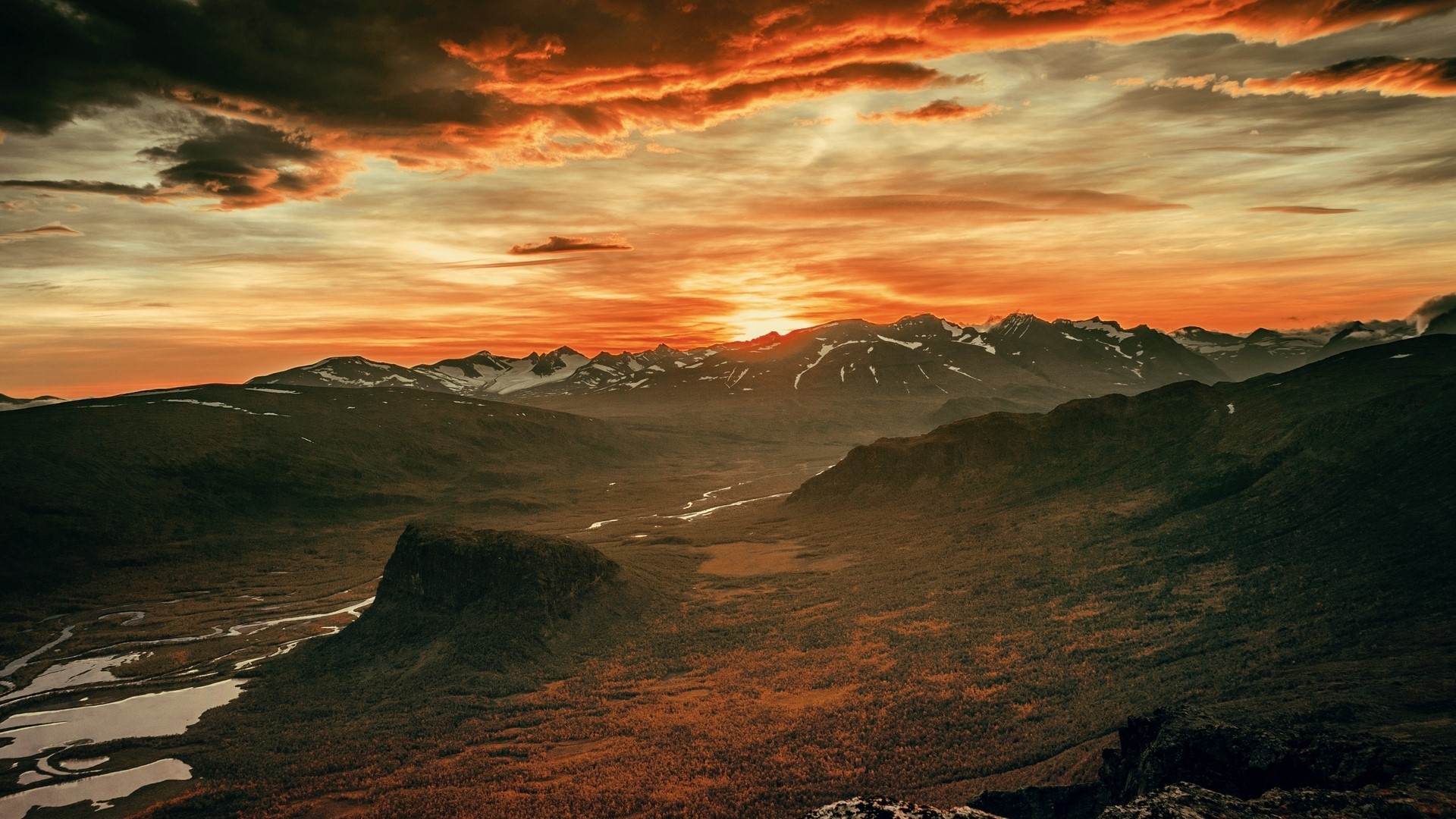 Sunset over a mountain valley with a river HD Wallpaper