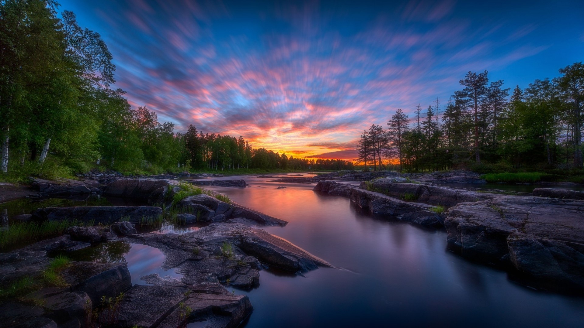 Sunset over a rocky river with trees HD Wallpaper