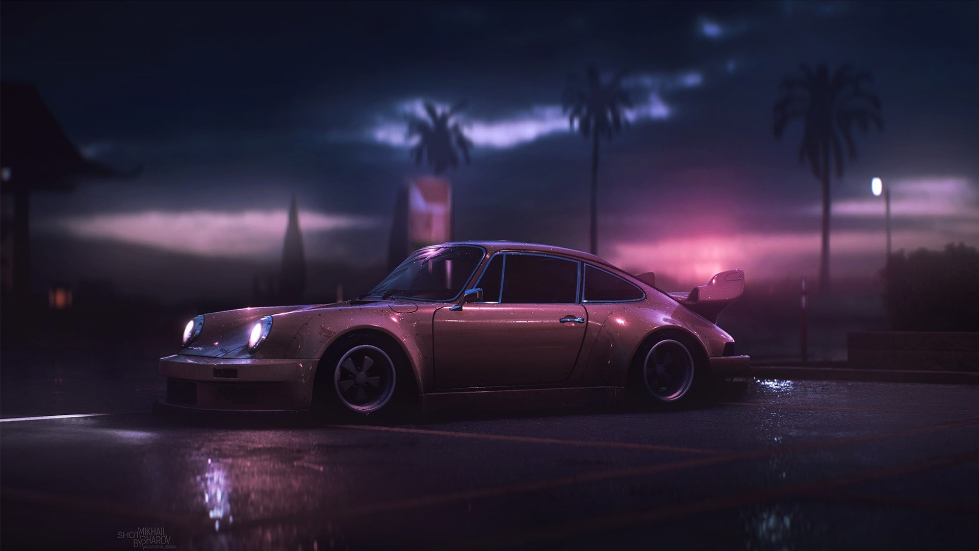 Porsche 911 parked on wet asphalt at night HD Wallpaper