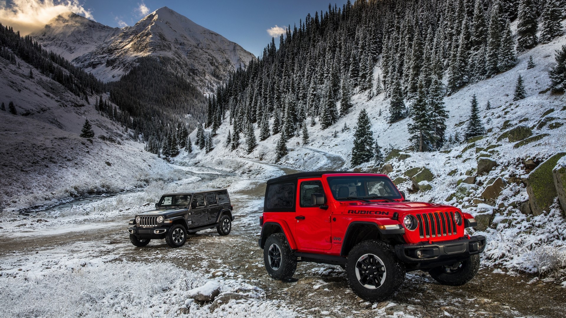 Two Jeep Wranglers in a Snowy Mountain Landscape HD Wallpaper