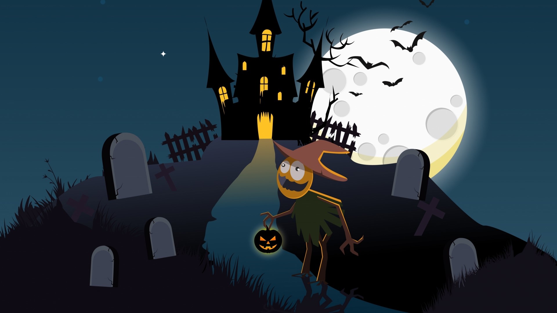 Halloween haunted house with scarecrow and graveyard HD Wallpaper