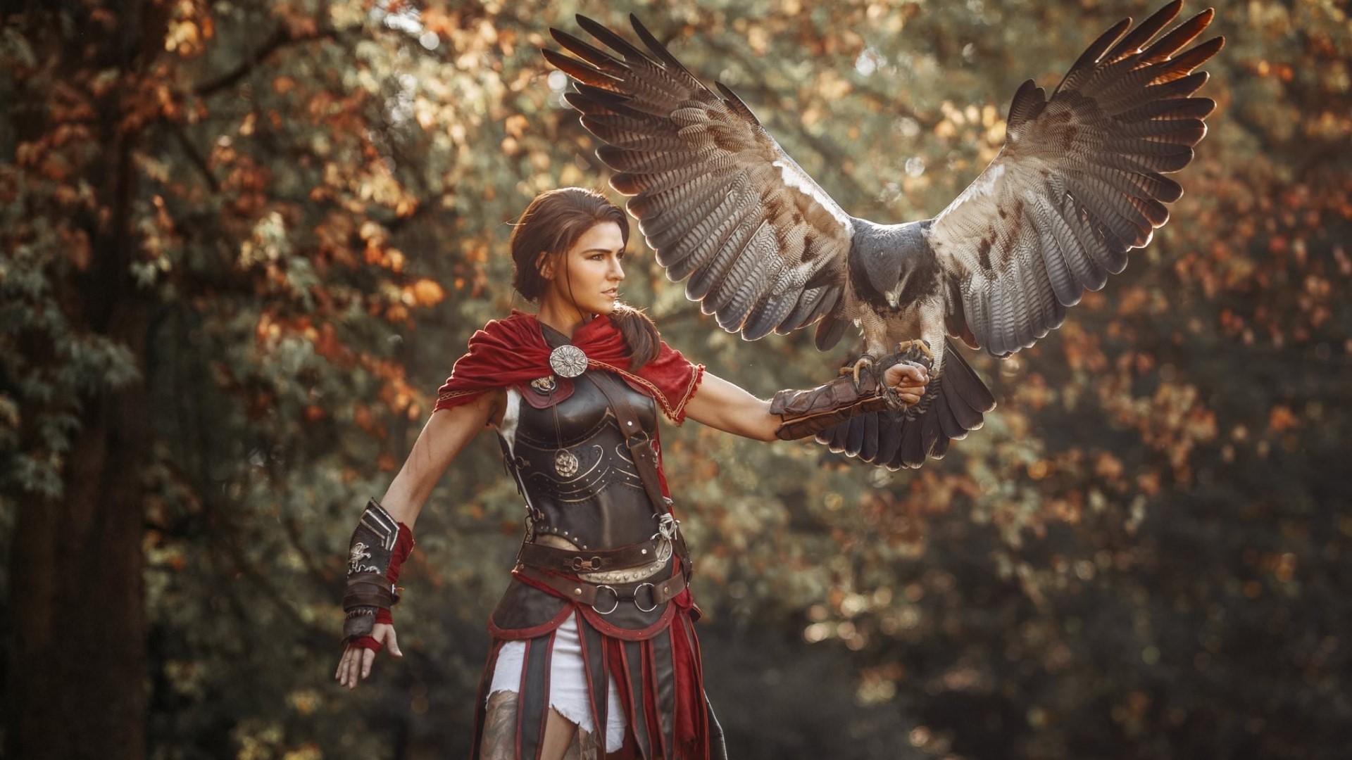 Kassandra from Assassin's Creed Odyssey with a bird HD Wallpaper