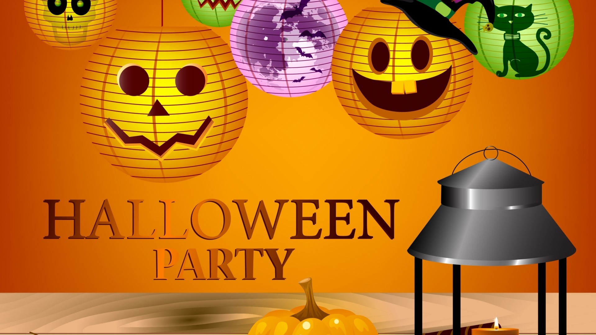 Halloween Party Decorations with Pumpkins and Lanterns HD Wallpaper