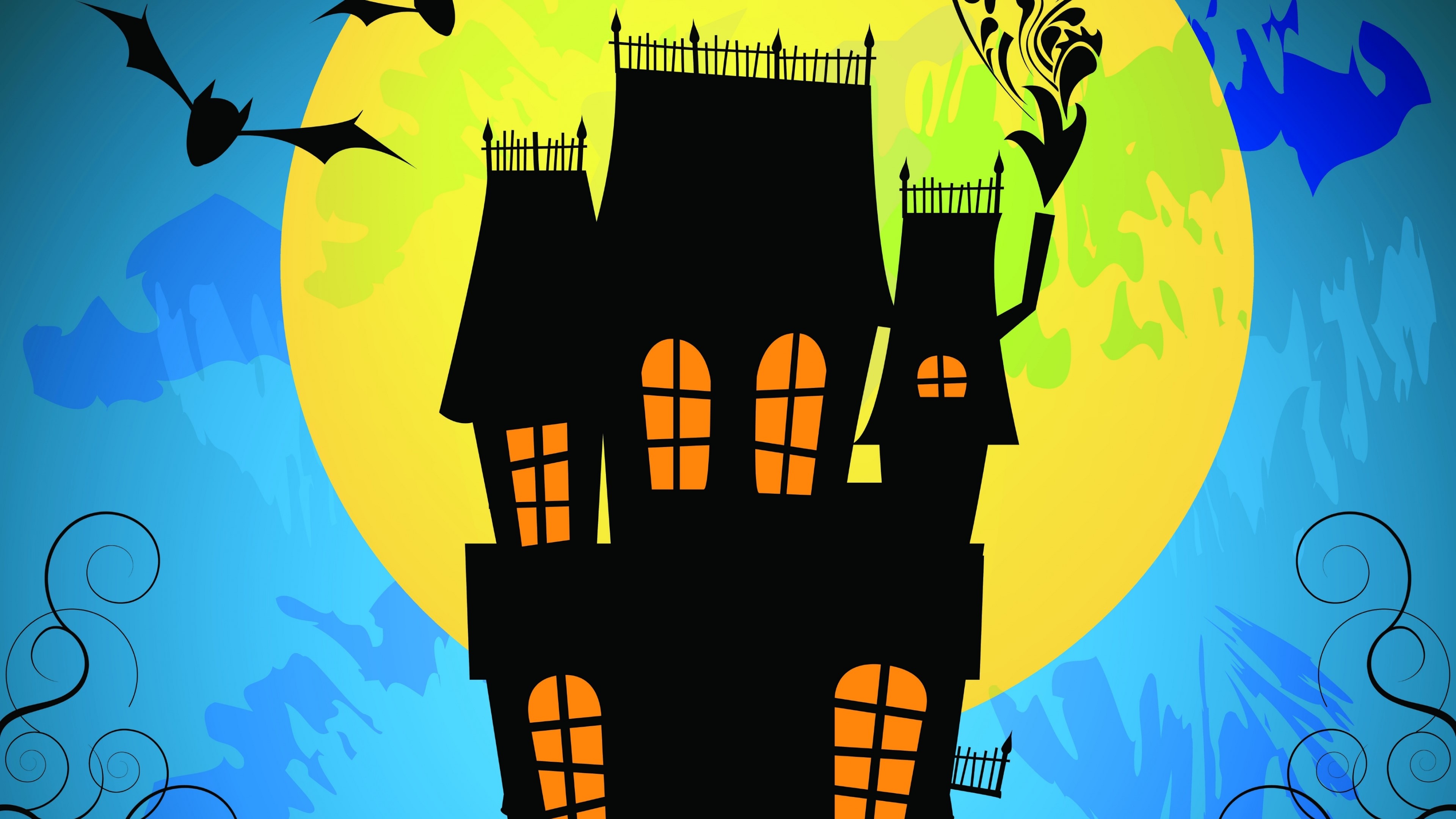 4K Halloween Haunted House with Bats and Moon HD Wallpaper