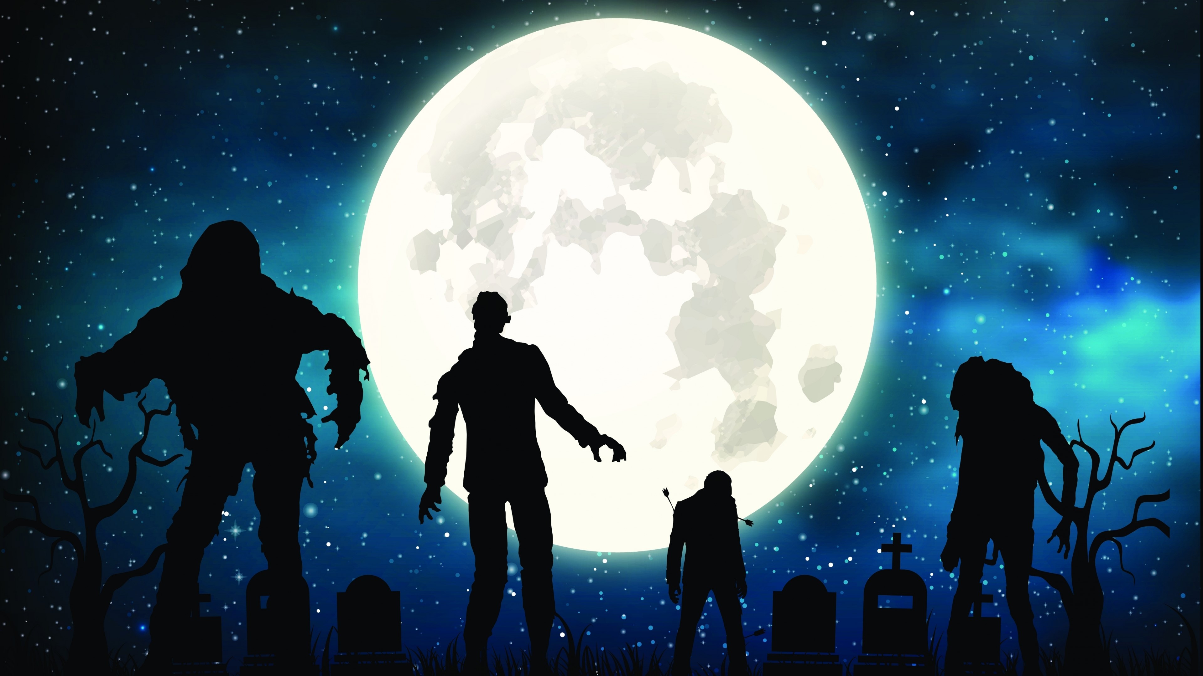 Zombies in a graveyard under a full moon HD Wallpaper